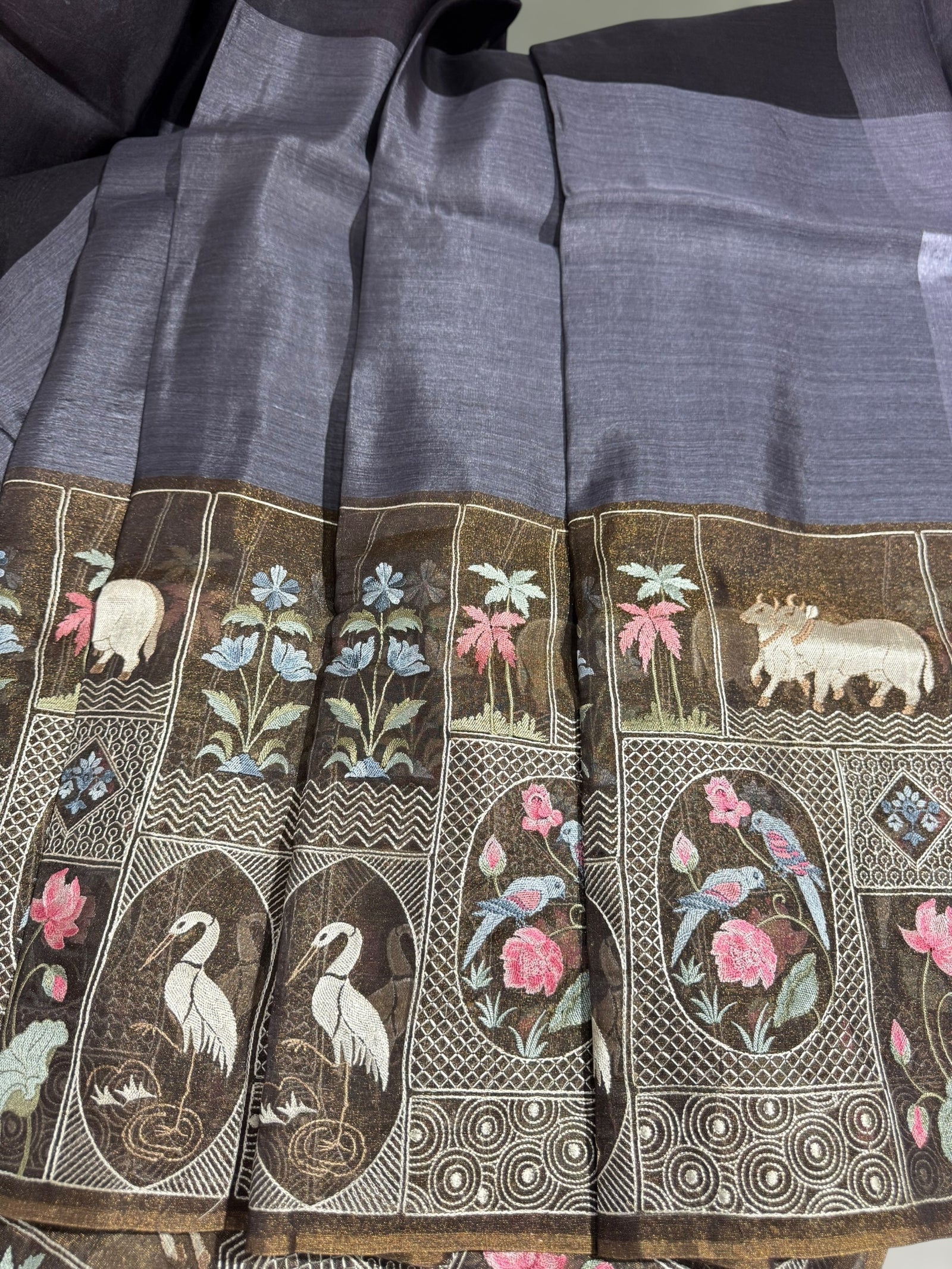 Black Kora-Tussar blend Handloom Saree with Tissue embroidered Skirt Border