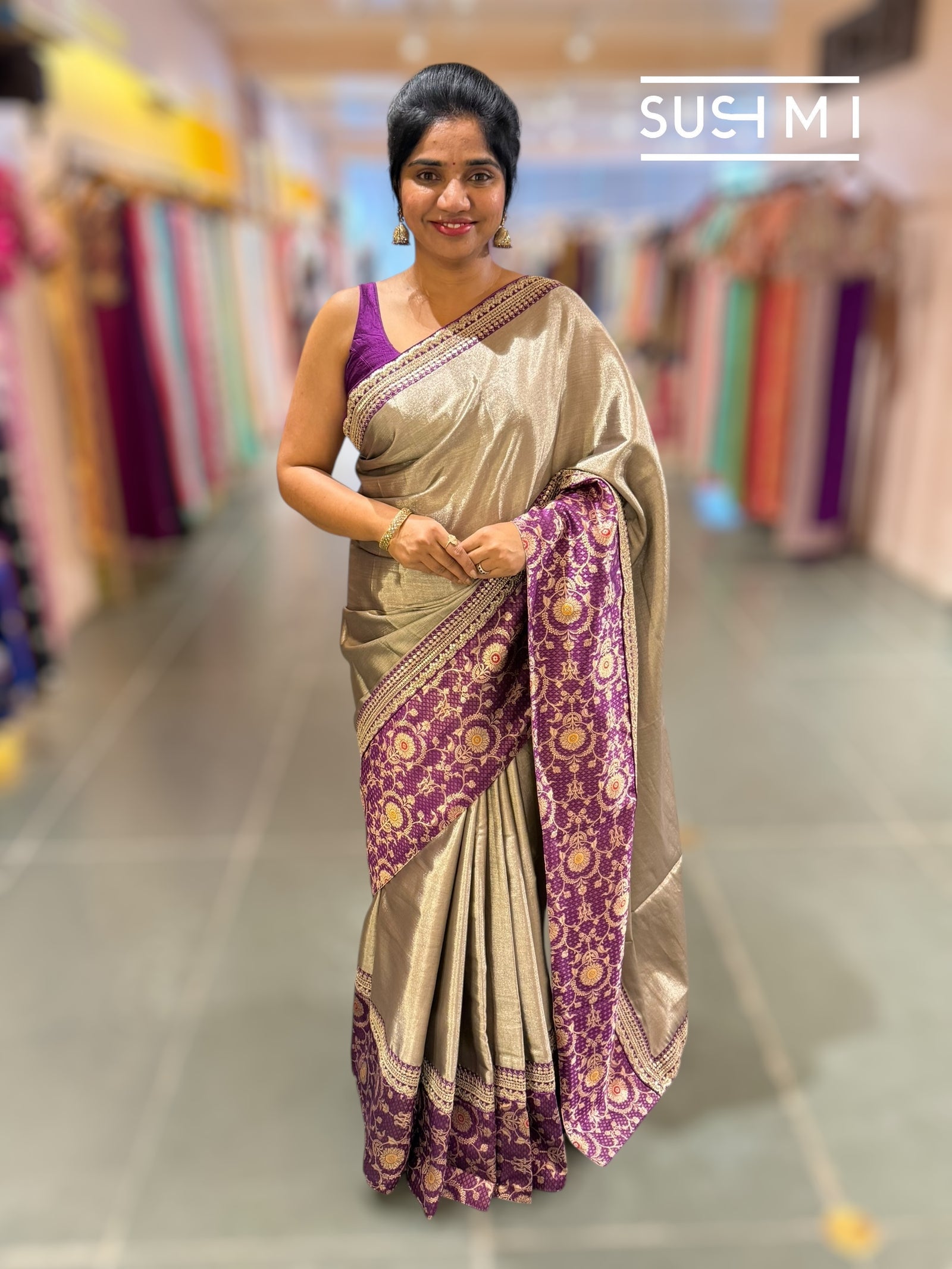 Greyish Silver tissue saree with banarasi and sabhyasachi borders : S62121