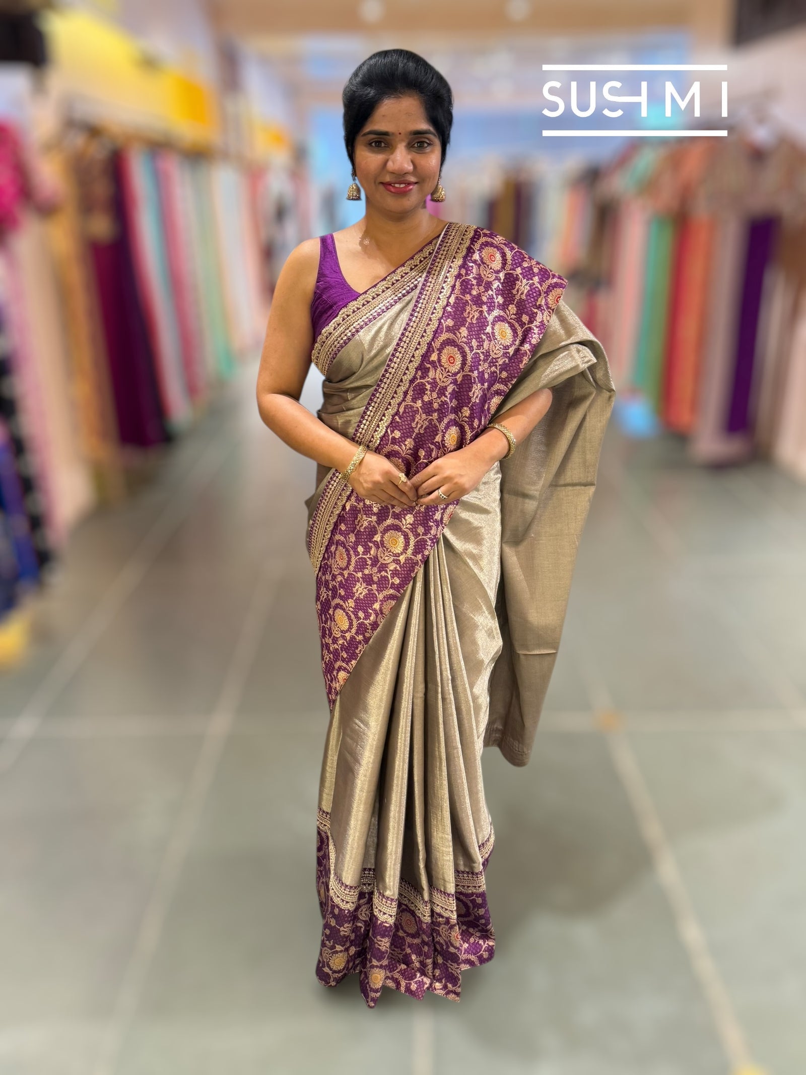 Greyish Silver tissue saree with banarasi and sabhyasachi borders : S62121