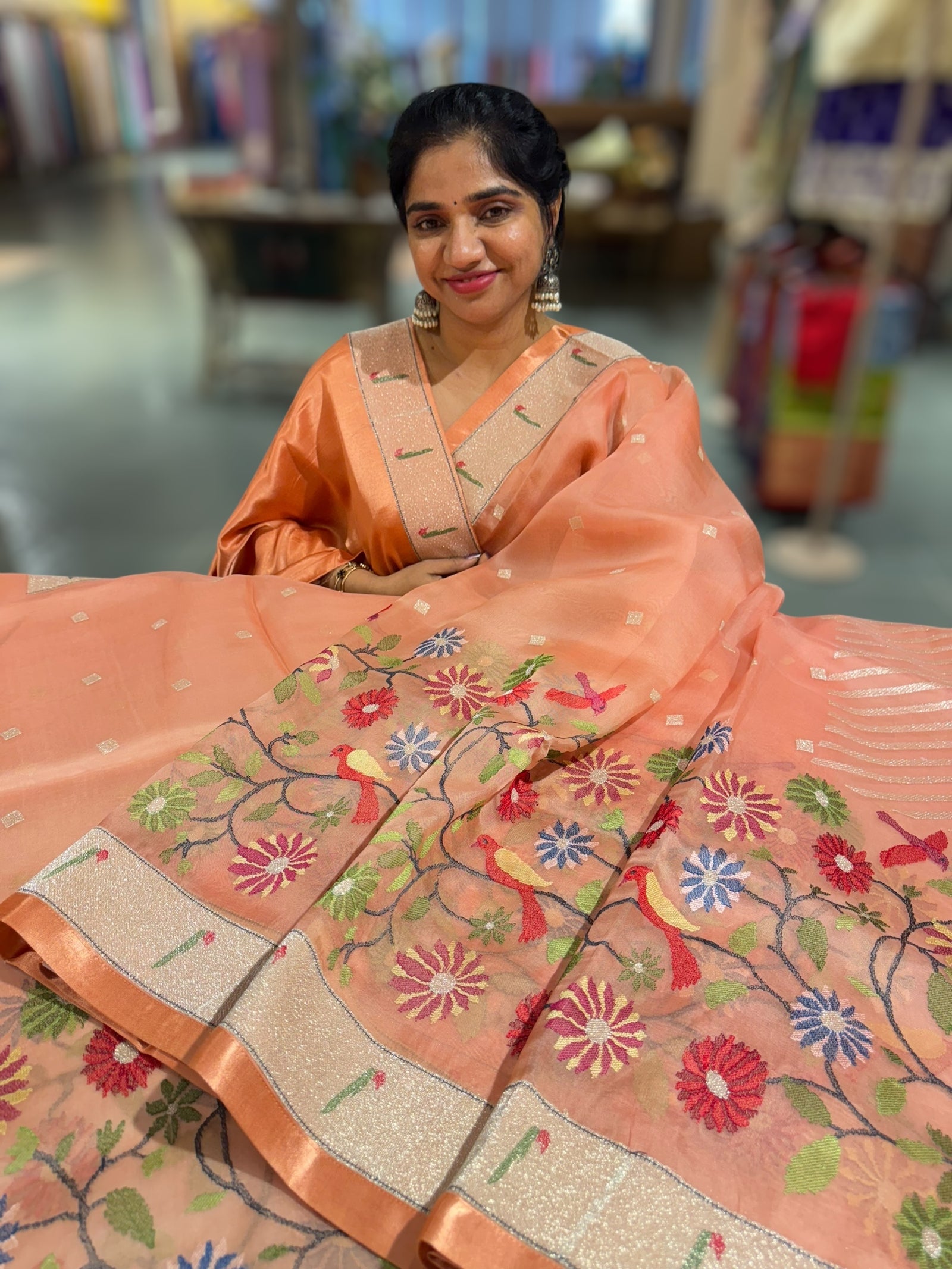 Kanakambaram Pure Organza Saree with pythani insipred embroidery