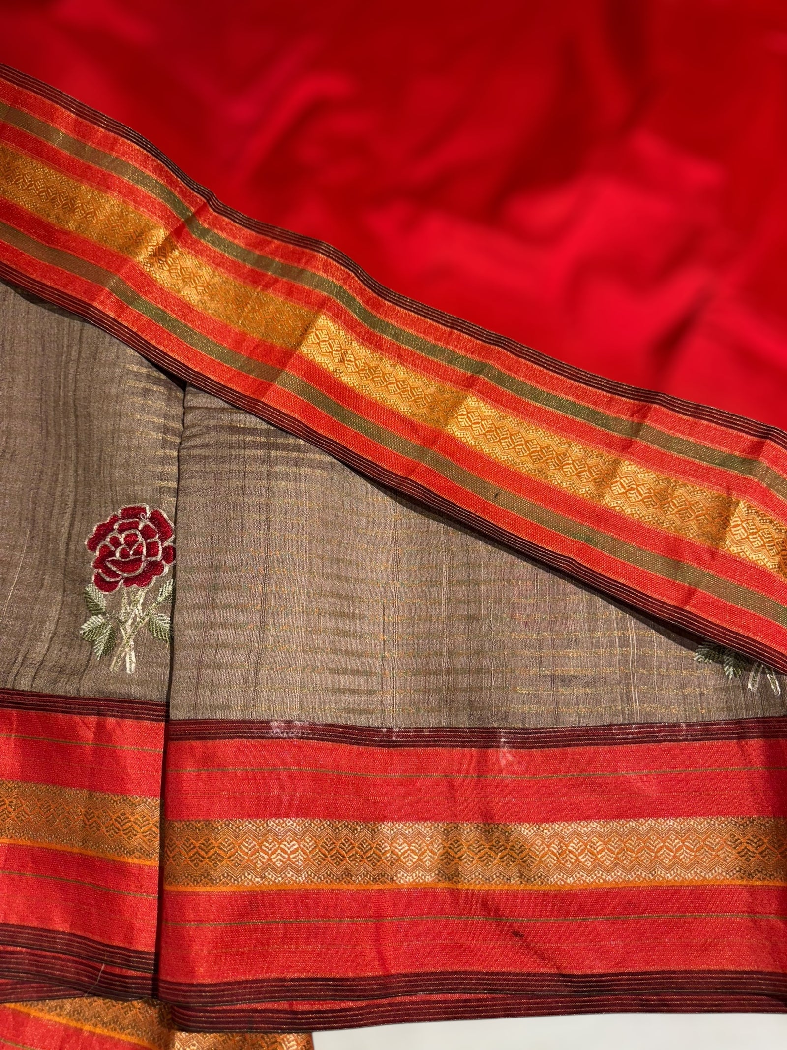 Chickoo Tussar Tissue and Silk fusion Saree with embroidery