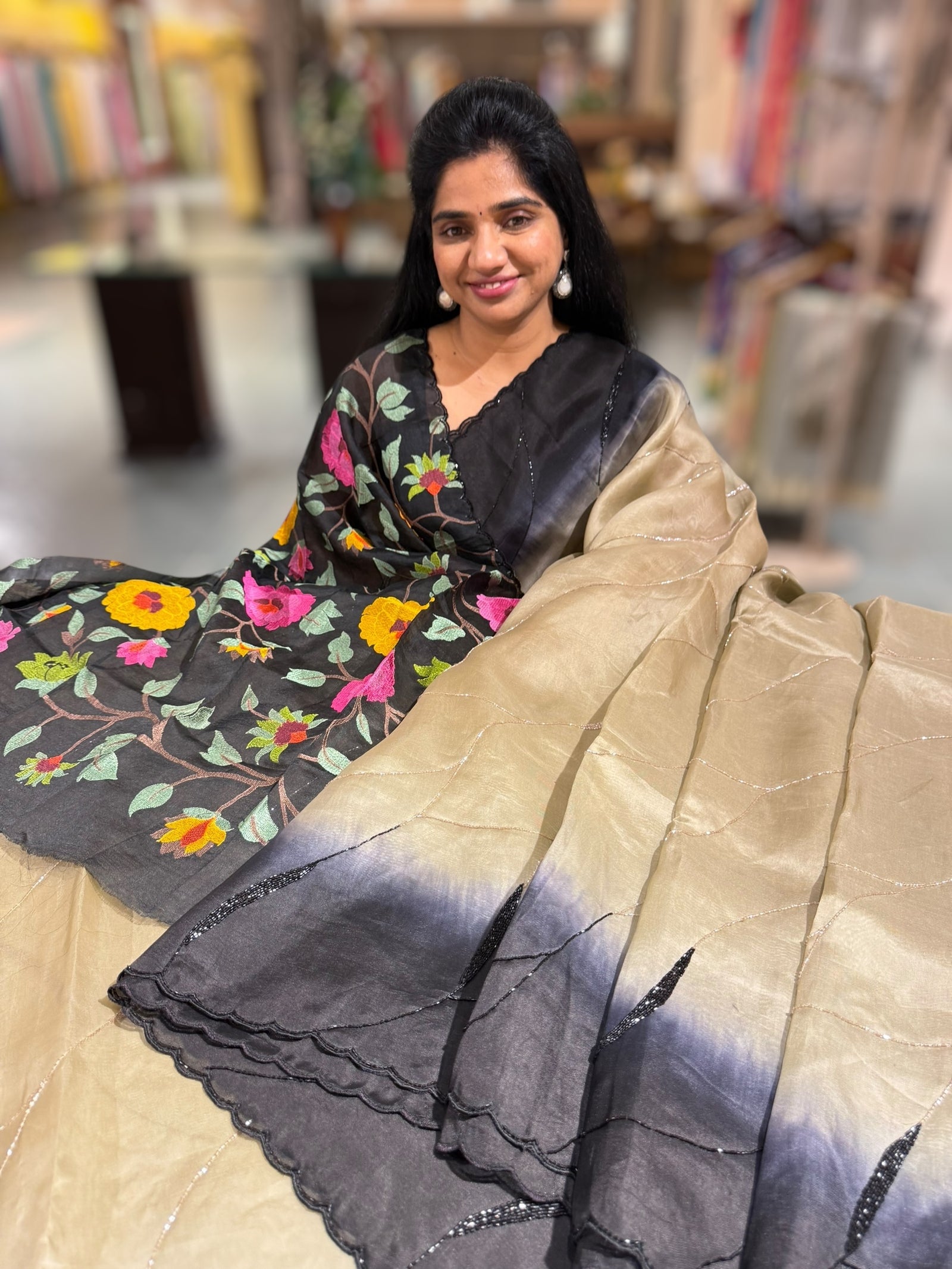 Chickoo & Black Ombre Dyed Pure Organza handwork saree