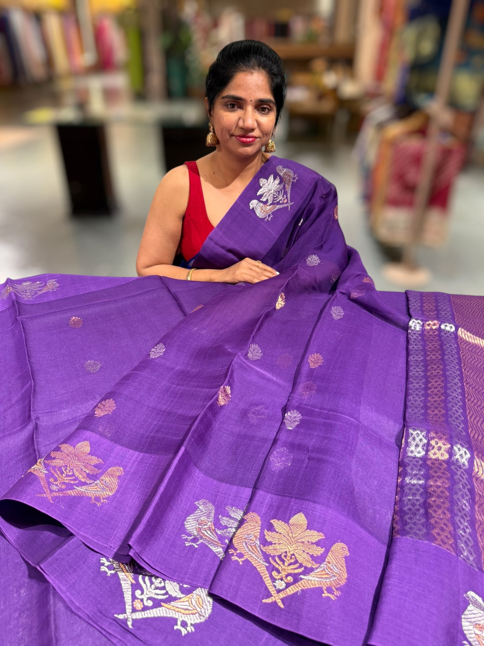 Brinjal Kora muslin sarees with kaduwa woven nandi motif border