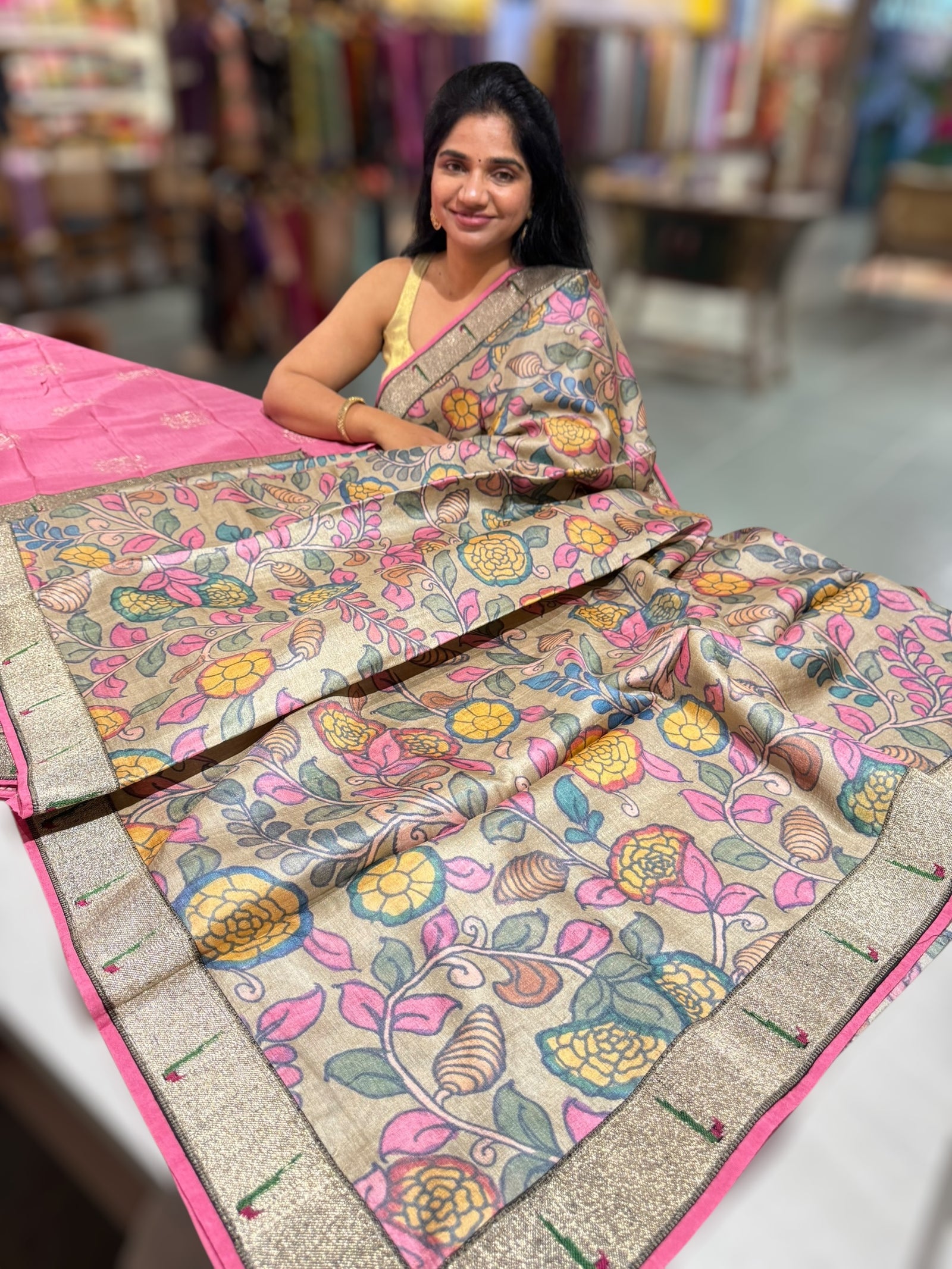 Pure Handloom Tussar kalamkari Saree with pythani single muniya borders