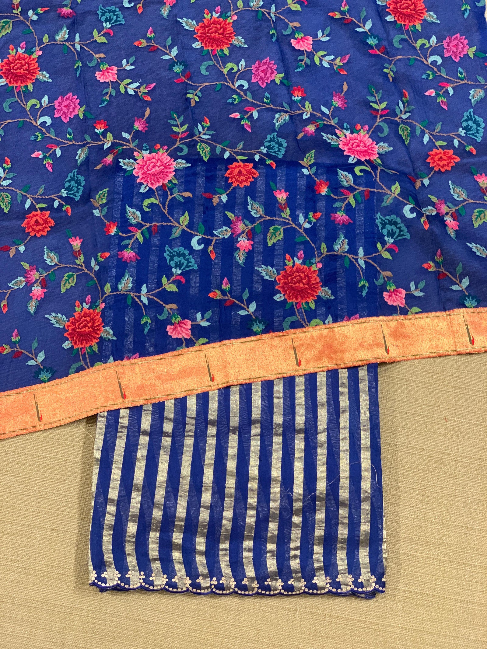 Electric Blue Mul tissue stripes saree with fusion blouse : D62139