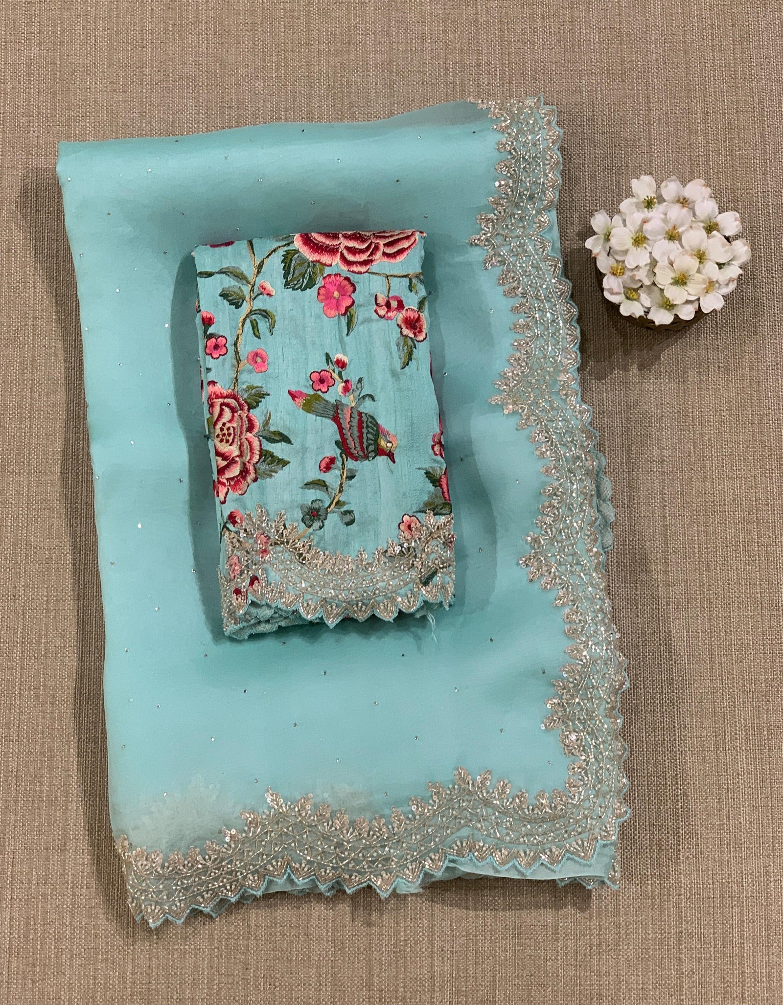 Mint Blue Pure Organza Handwork Saree with heavy Designer Blouse