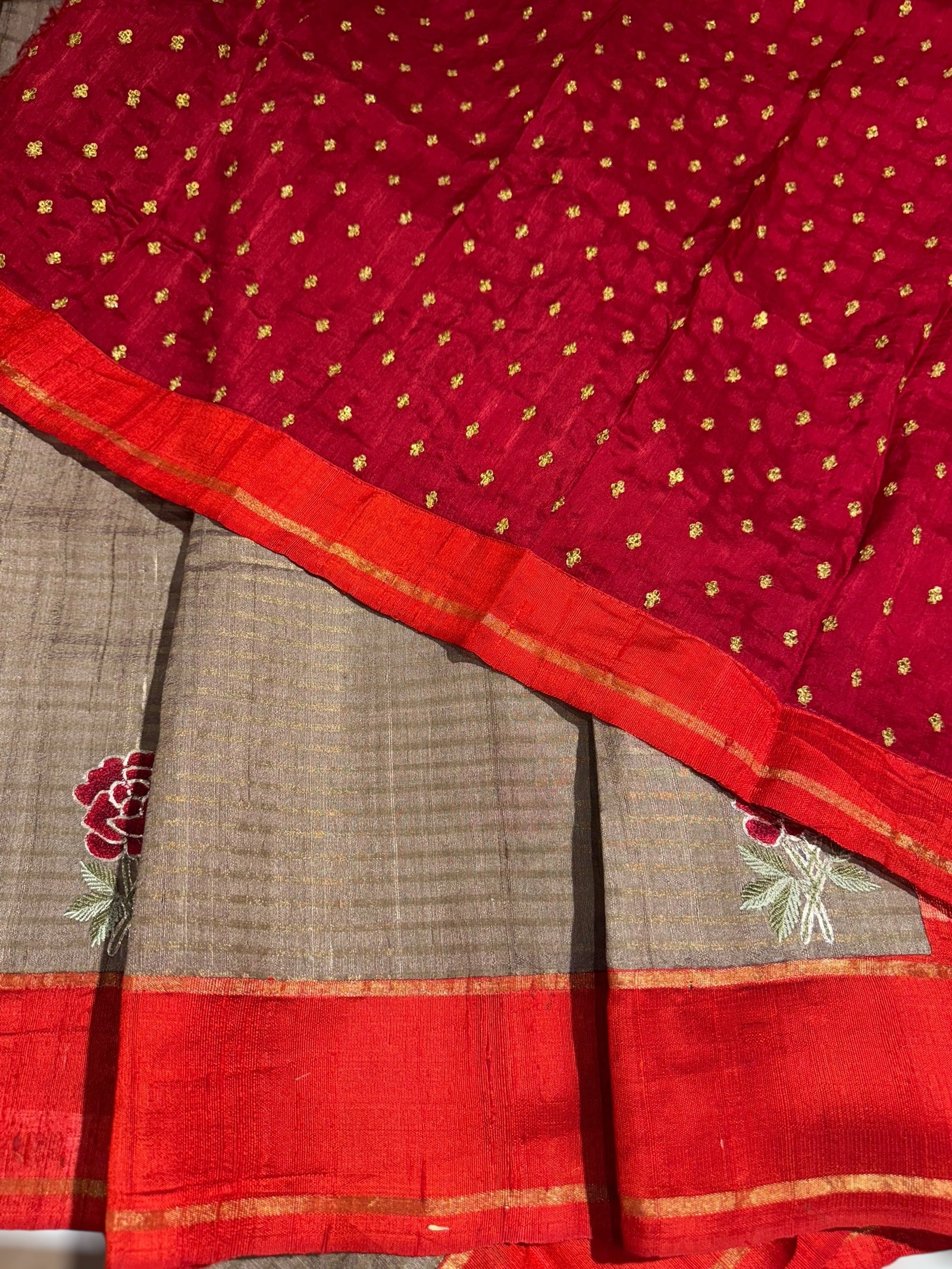 Chickoo Tussar Tissue and Silk fusion Saree with embroidery