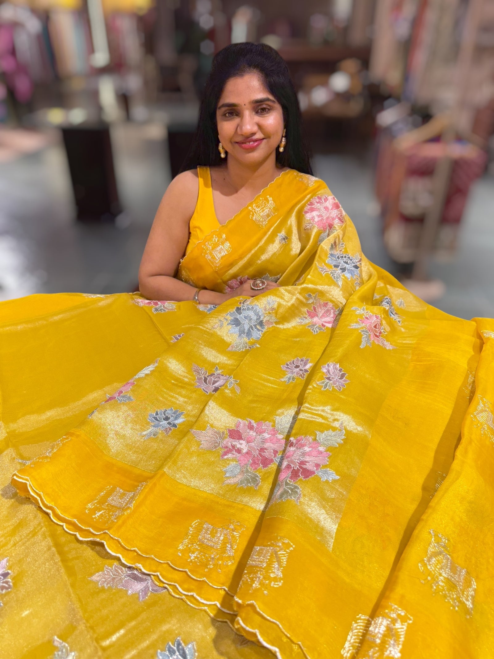Yellow Premium Handloom Designer Tissue saree with exquisite embroidery