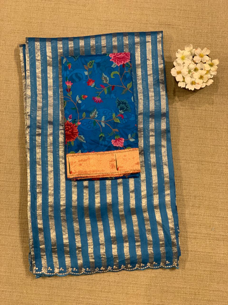 Cobalt Blue Mul tissue stripes saree with fusion blouse : D62137