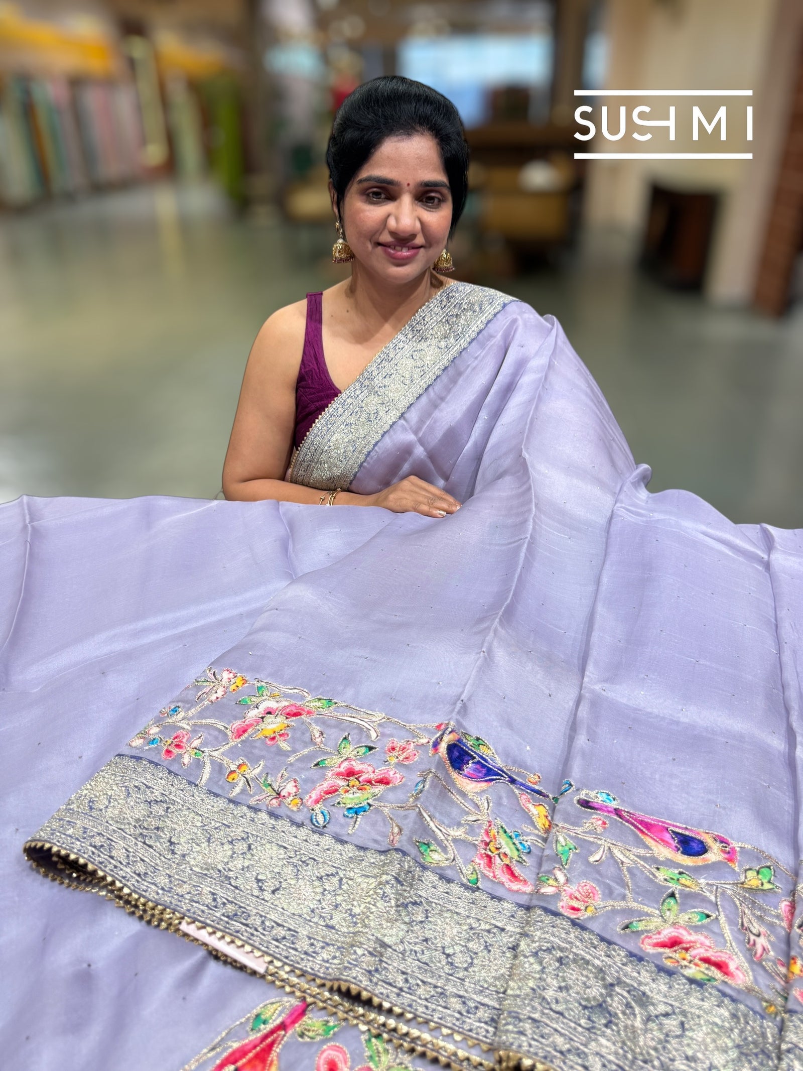 Lilac Organza Banarasi Fusion Saree with Bird Appliqué : SM020