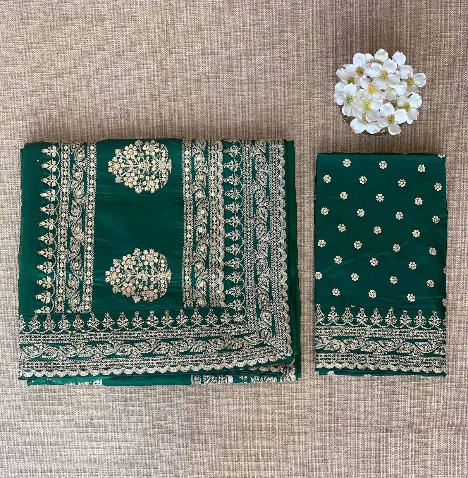 Emerald Green Pure Organza Saree with allover mukaish work & sabyasachi borders