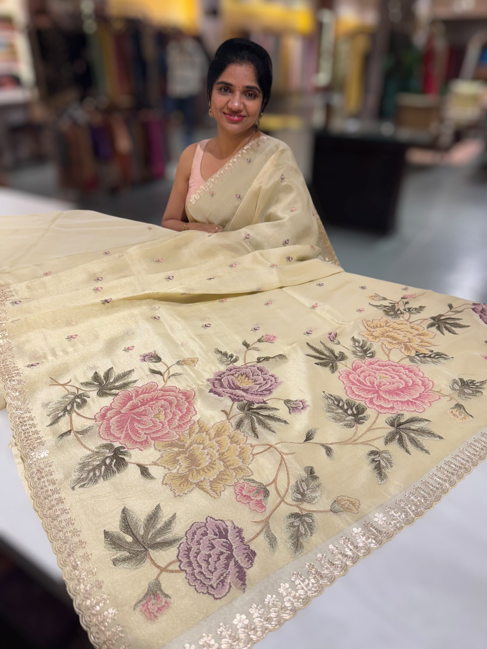 Ivory Tissue Georgette Saree with petite point emb