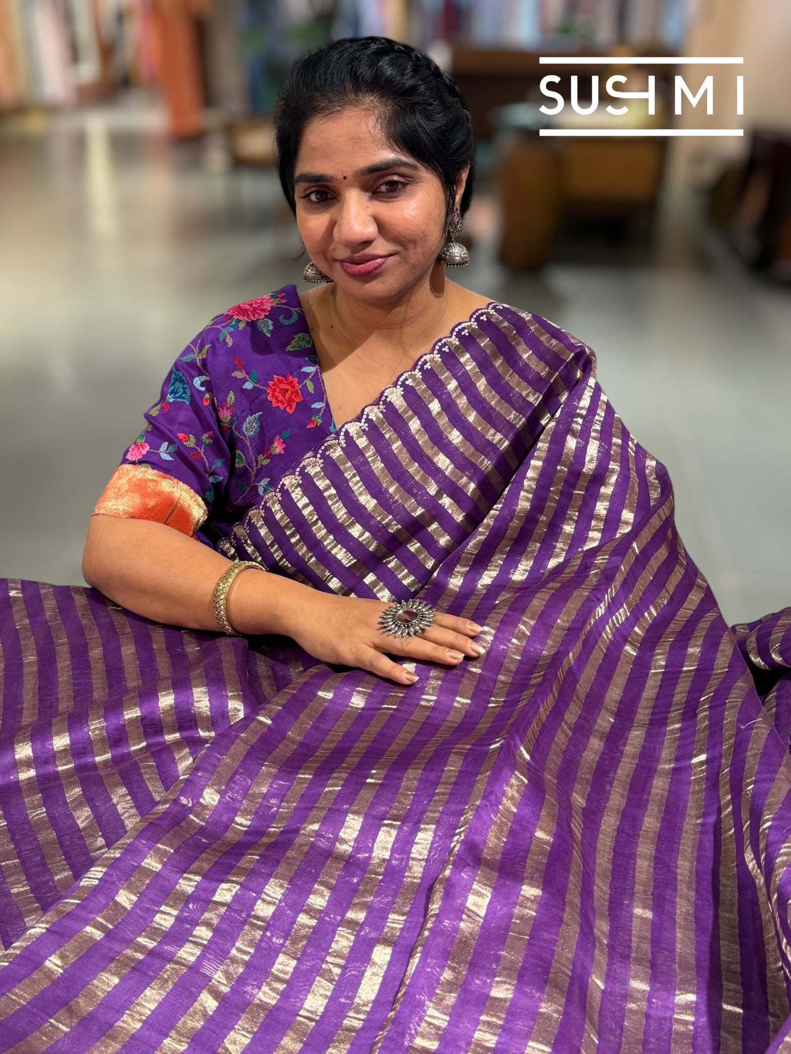 Purple Mul tissue stripes saree with fusion blouse : D62136