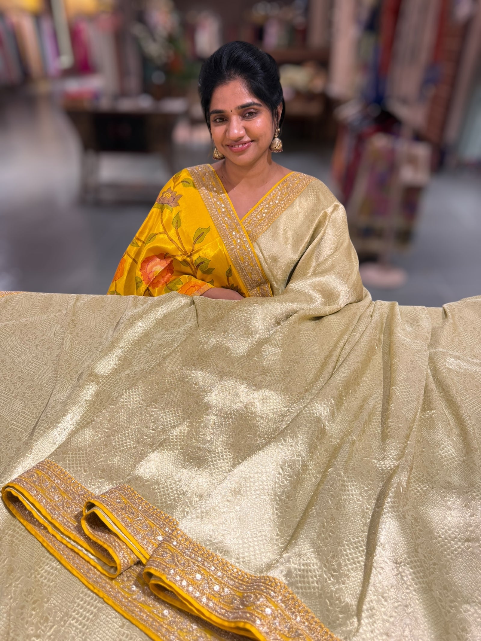 Mint & Yellow Combo Banarasi Tissue Brocade saree