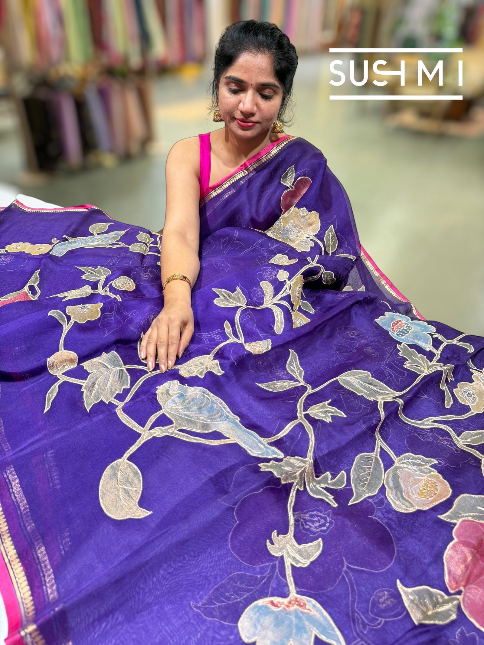 Purple Designer Organza with Tissue applique work : S62F096