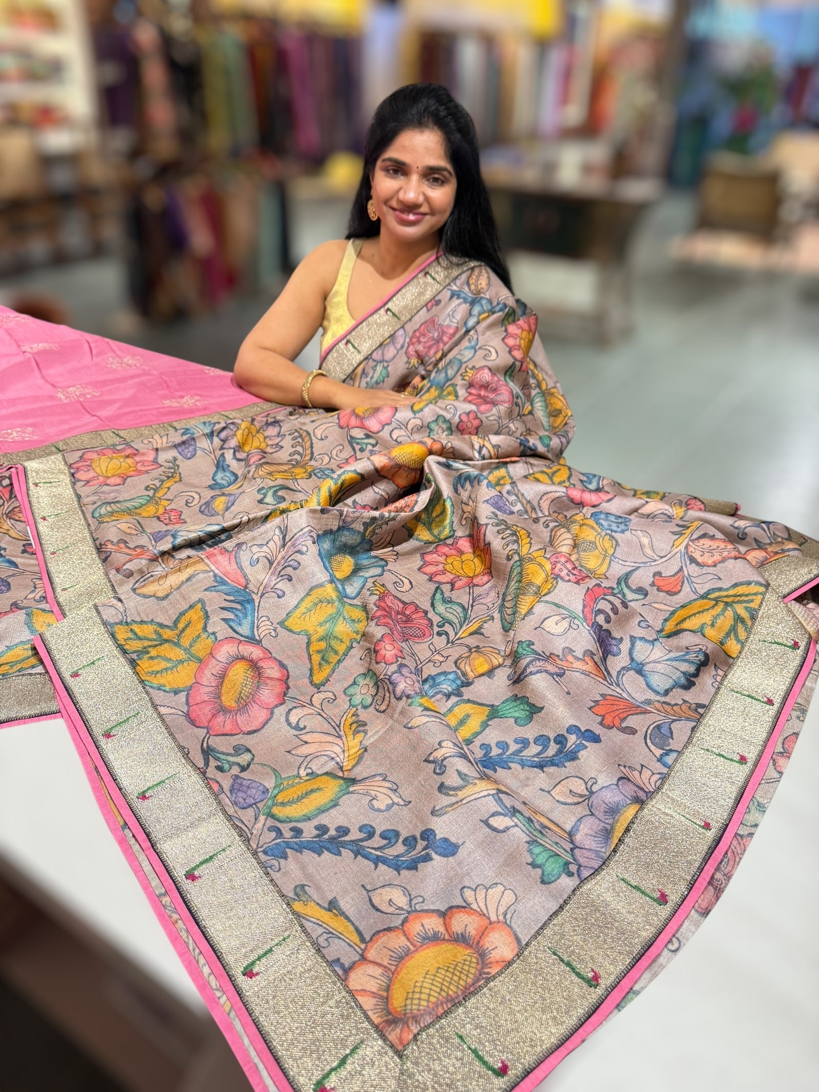 Pure Handloom Tussar kalamkari Saree with pythani single muniya borders