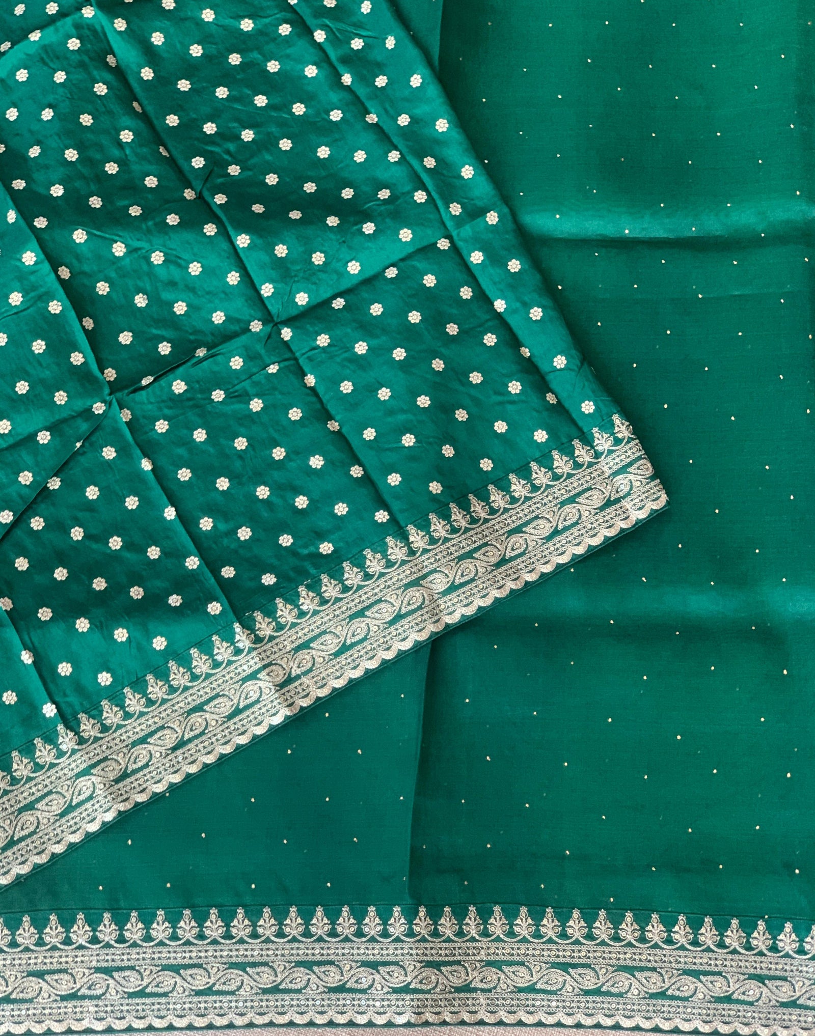 Emerald Green Pure Organza Saree with allover mukaish work & sabyasachi borders