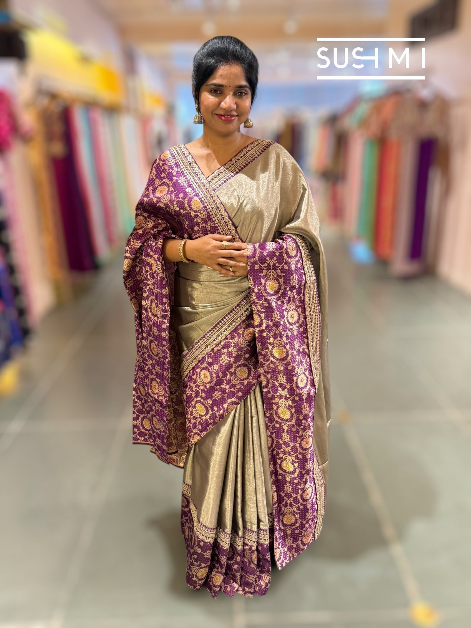 Greyish Silver tissue saree with banarasi and sabhyasachi borders : S62121