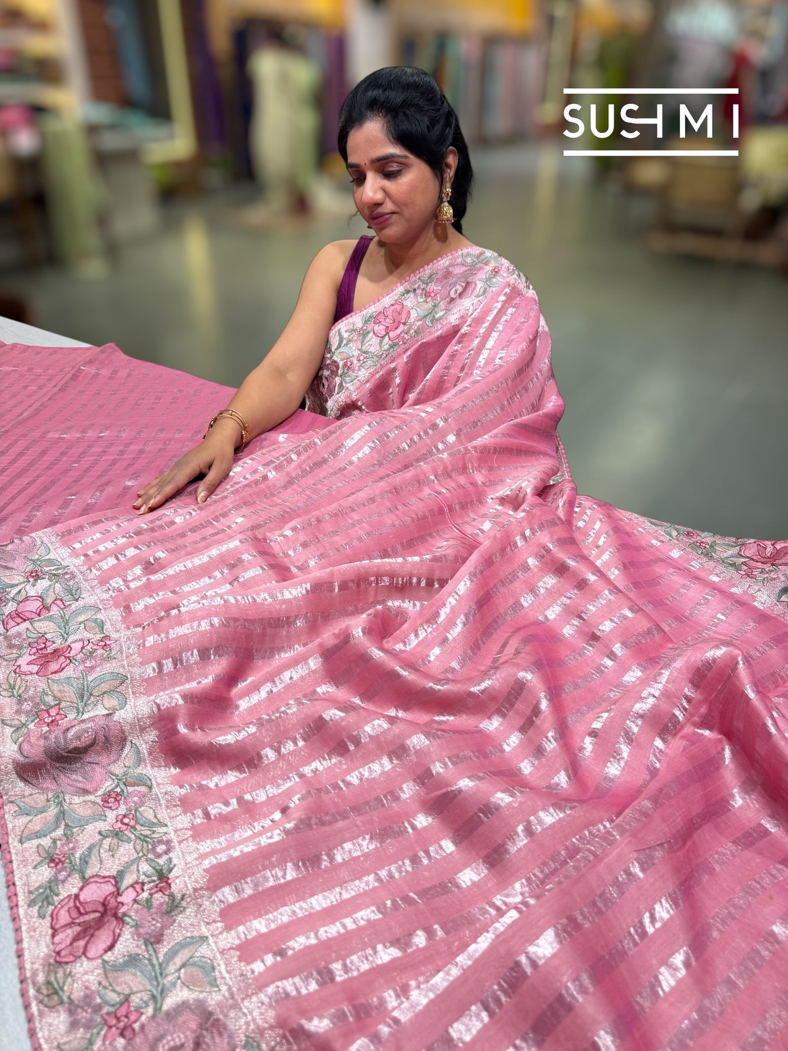 Coral Pink mul tissue Saree with embroidery : SM025