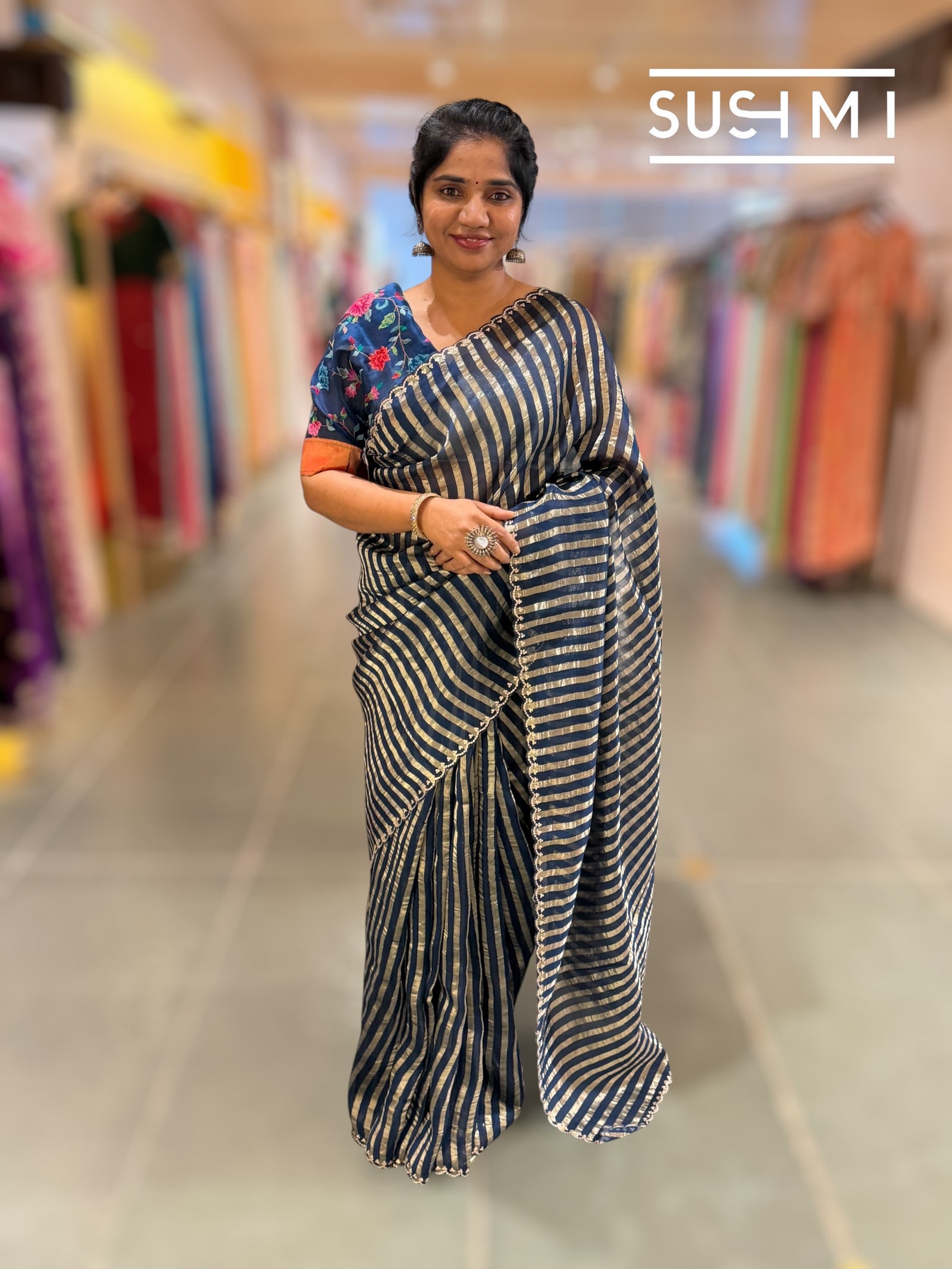 Midnight blue Mul tissue stripes saree with fusion blouse : D62134