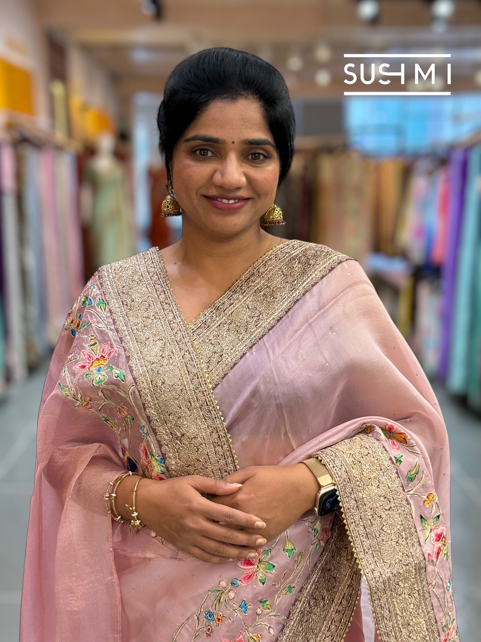 Dusty Pink Organza Banarasi Fusion Saree with Bird Appliqué : SM019