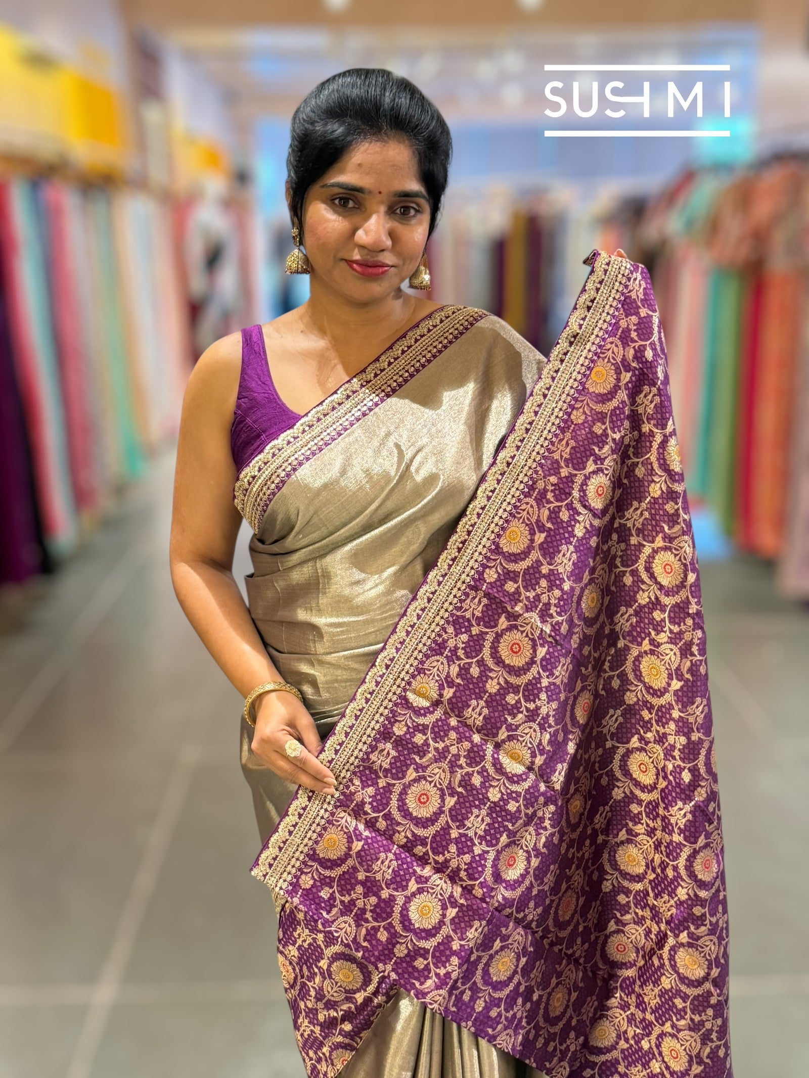 Greyish Silver tissue saree with banarasi and sabhyasachi borders : S62121
