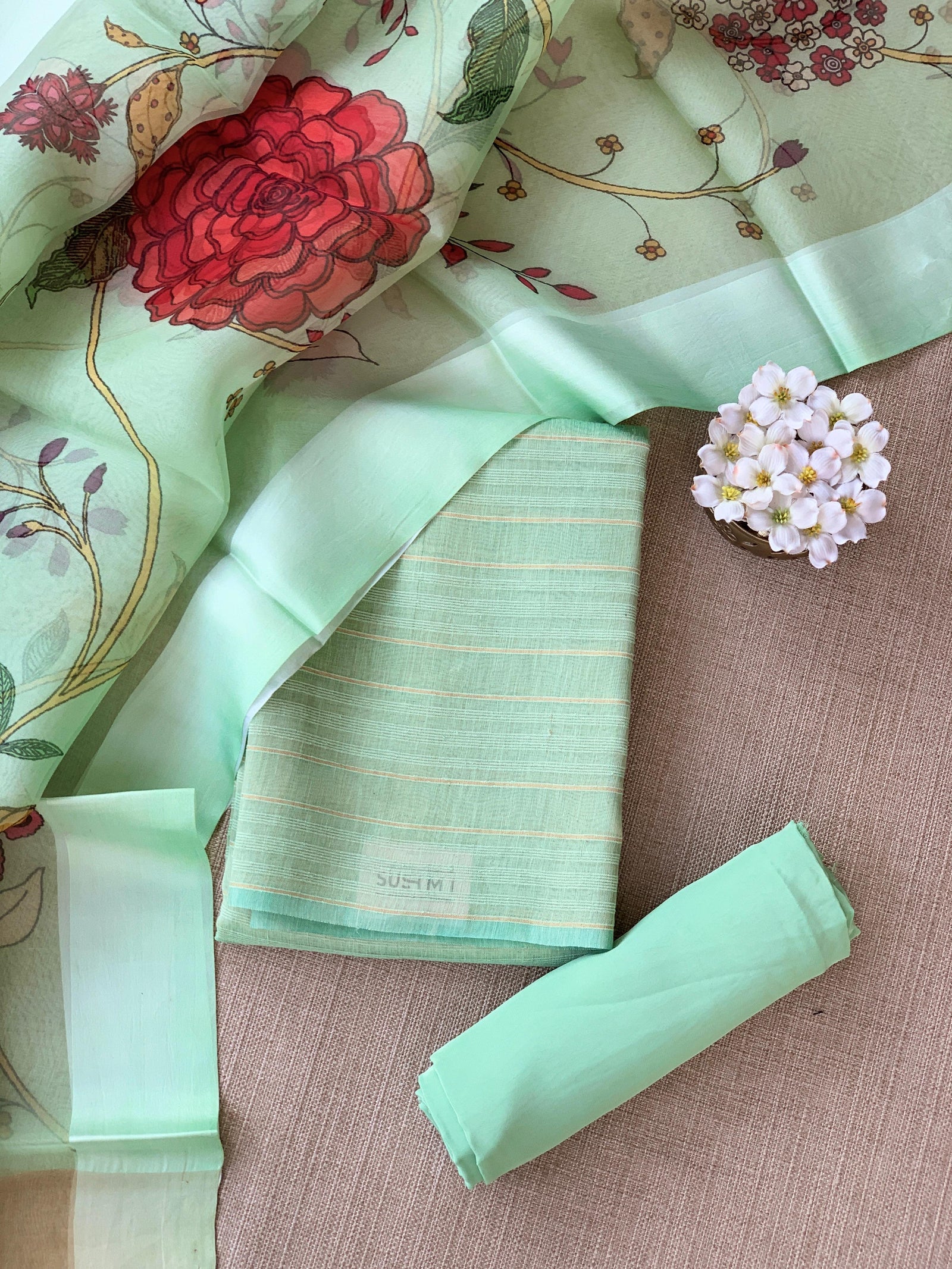 Mint Green Banarasi Chiniya Silk 3-pc Suit set : SS62J06