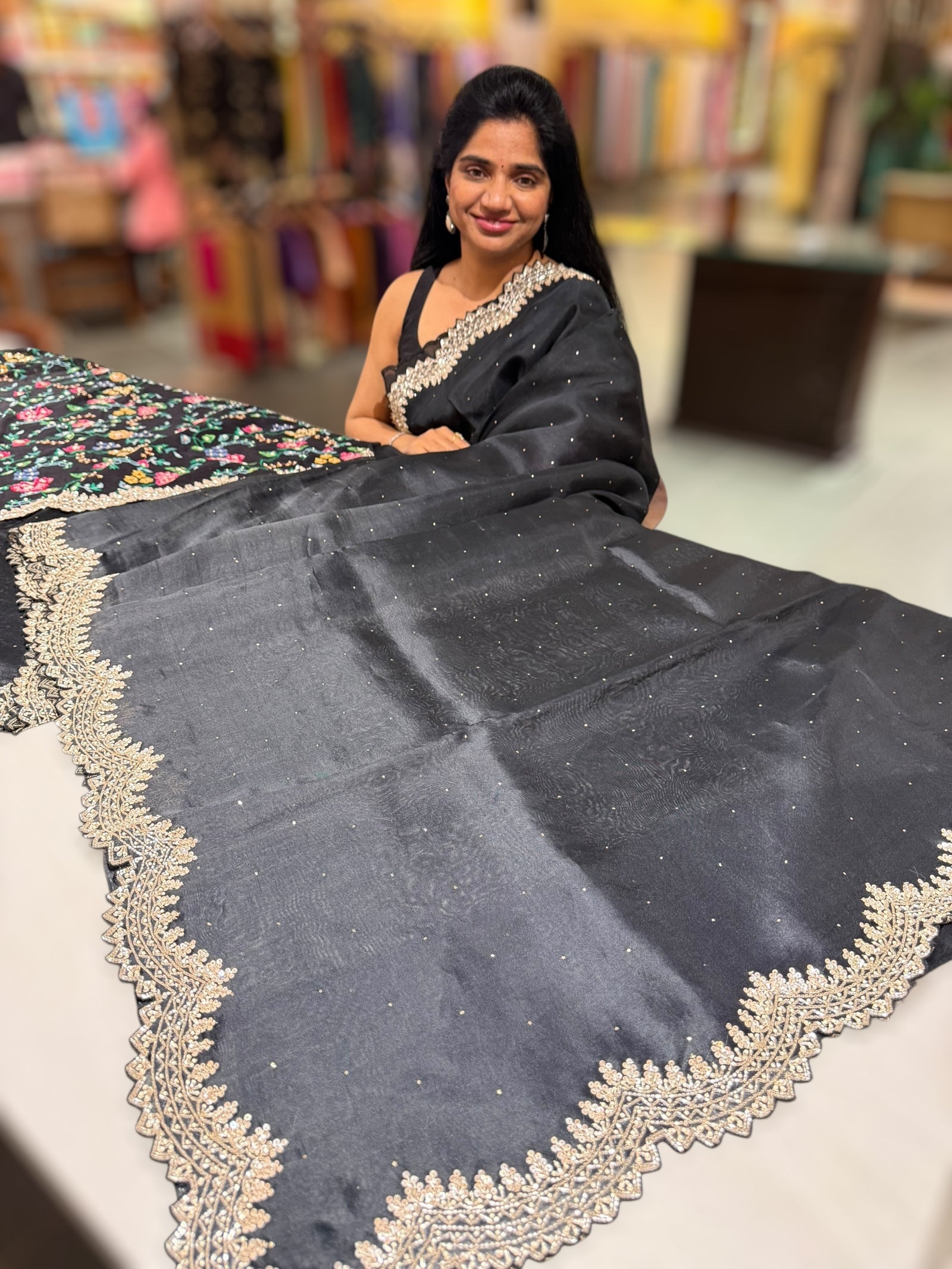 Black Pure Organza Handwork Saree with heavy Designer Blouse