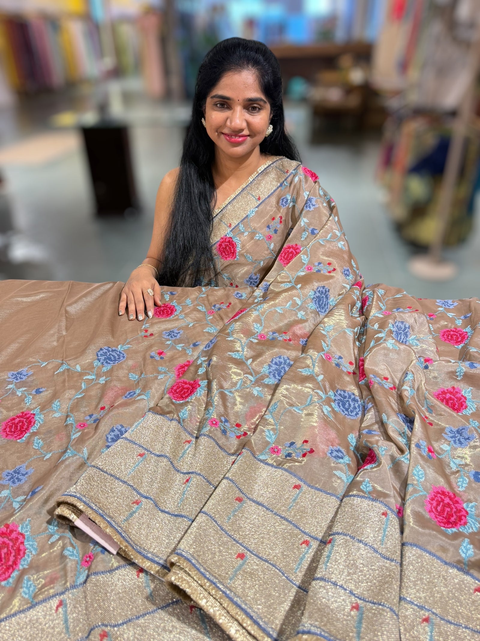 Earthy tone Tissue Saree with embroidery