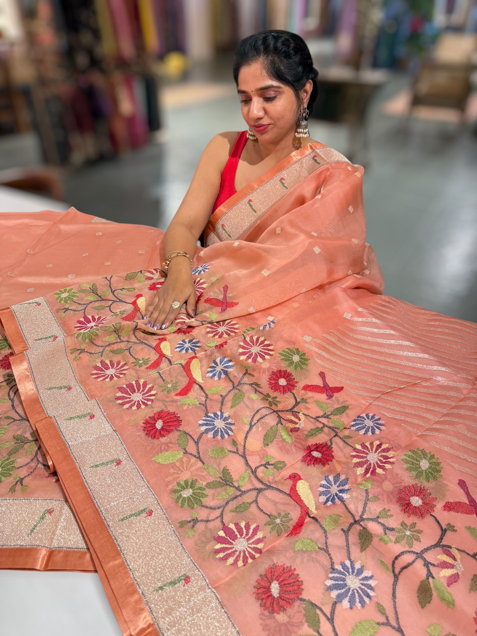 Kanakambaram Pure Organza Saree with pythani insipred embroidery