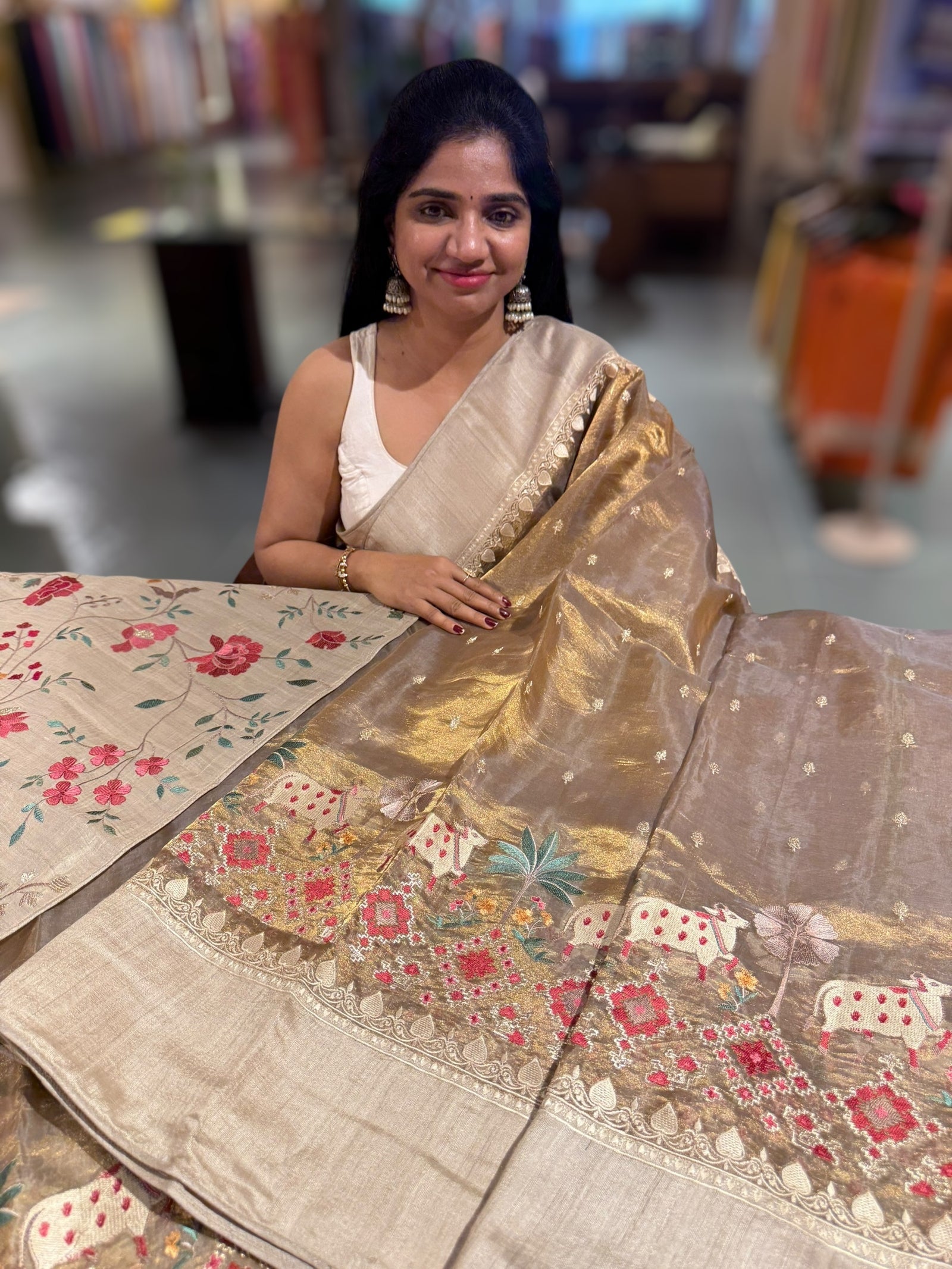 Antique Gold Designer Tissue Saree