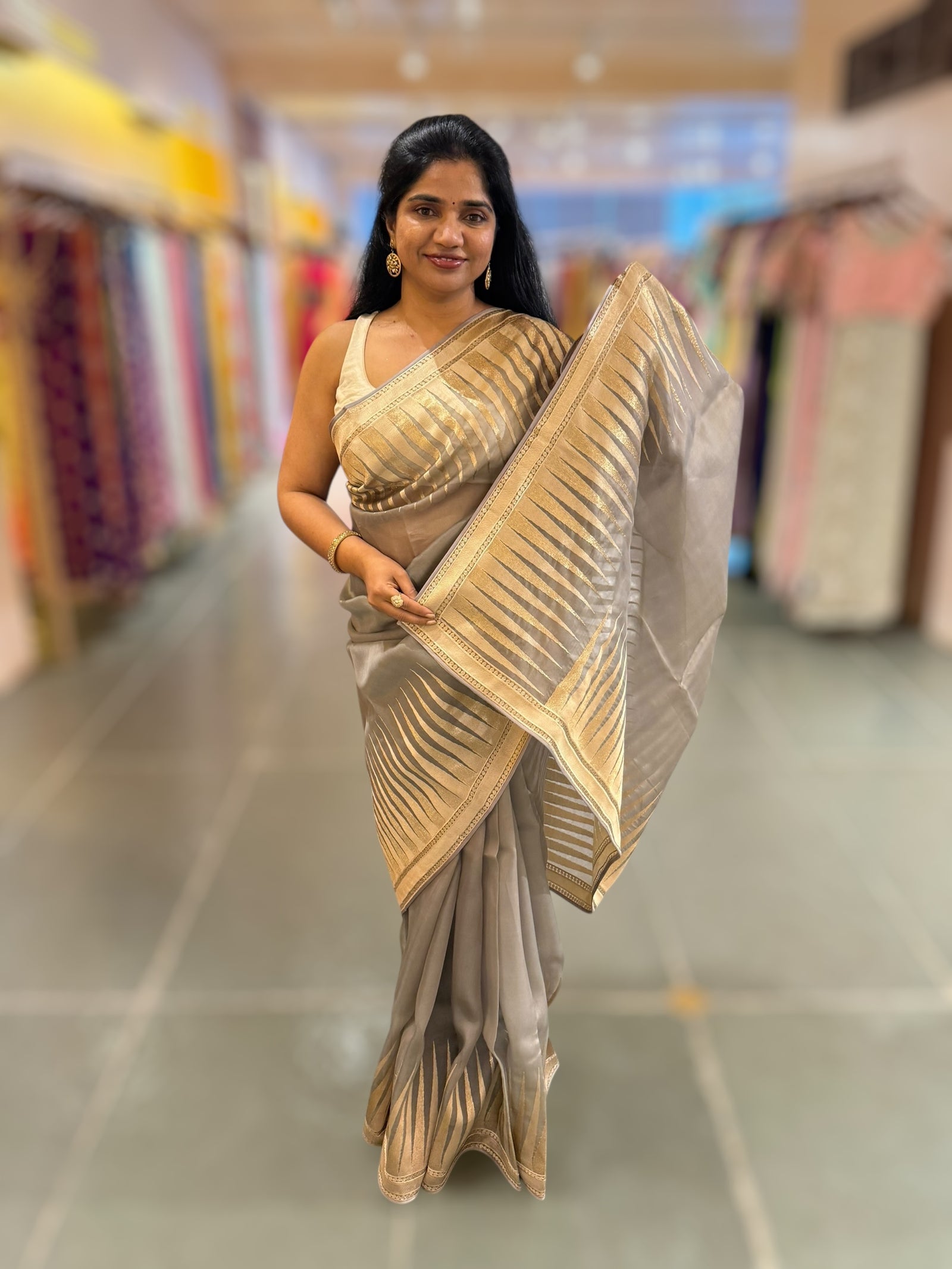 Grey Pure Organza With Temple Embroidered Border & Tussar Printed Blouse