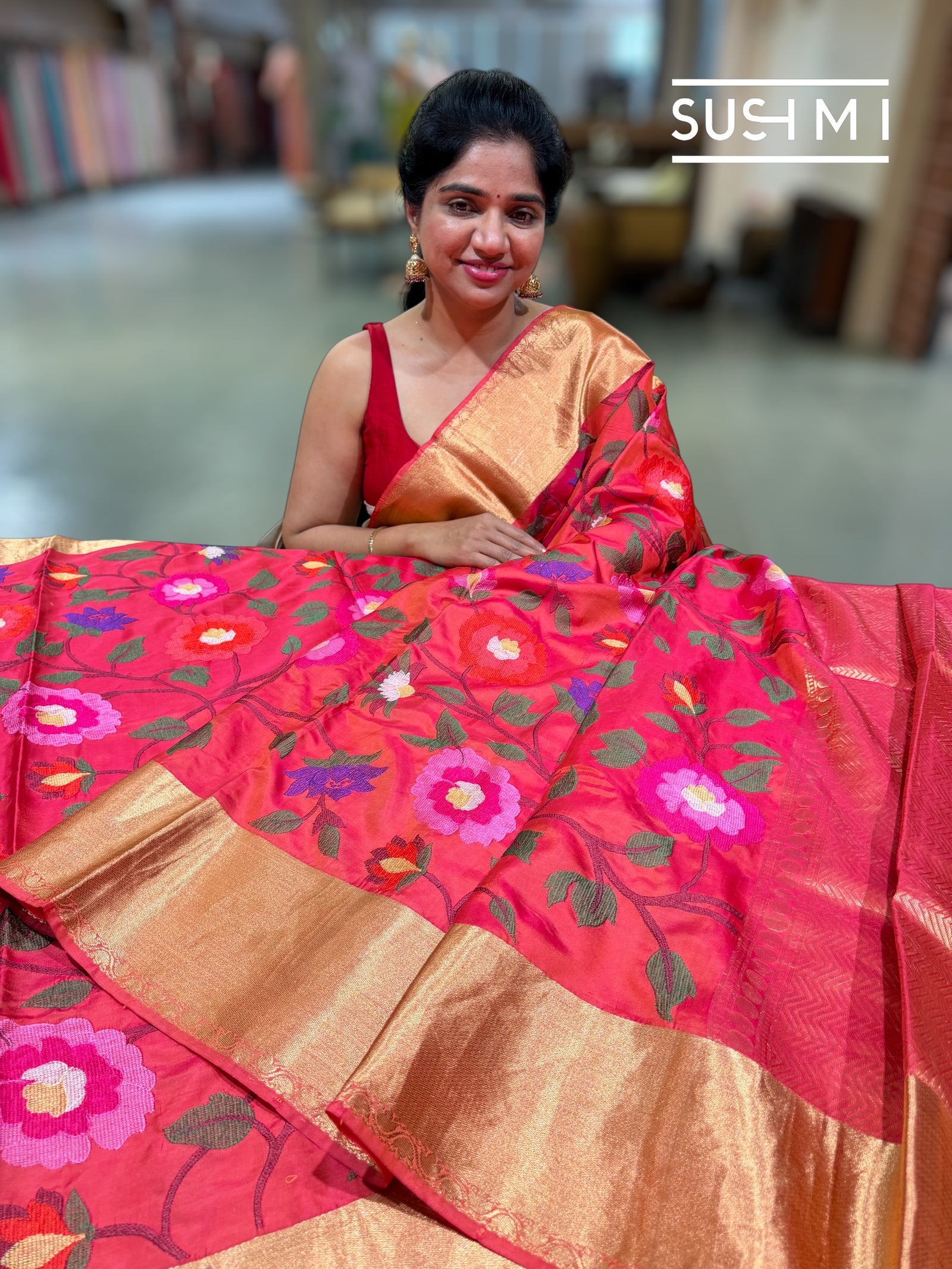 Orangish Pink Kanchi Soft Silk Saree with embroidery : S62F179