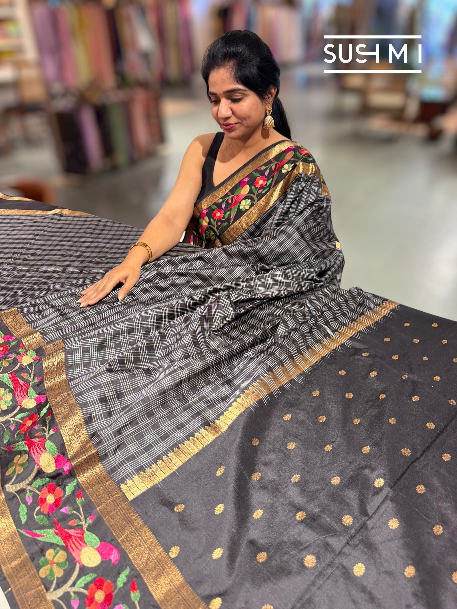 Black Vintage checks Kanjeevaram soft silk saree with embroidery D62F042