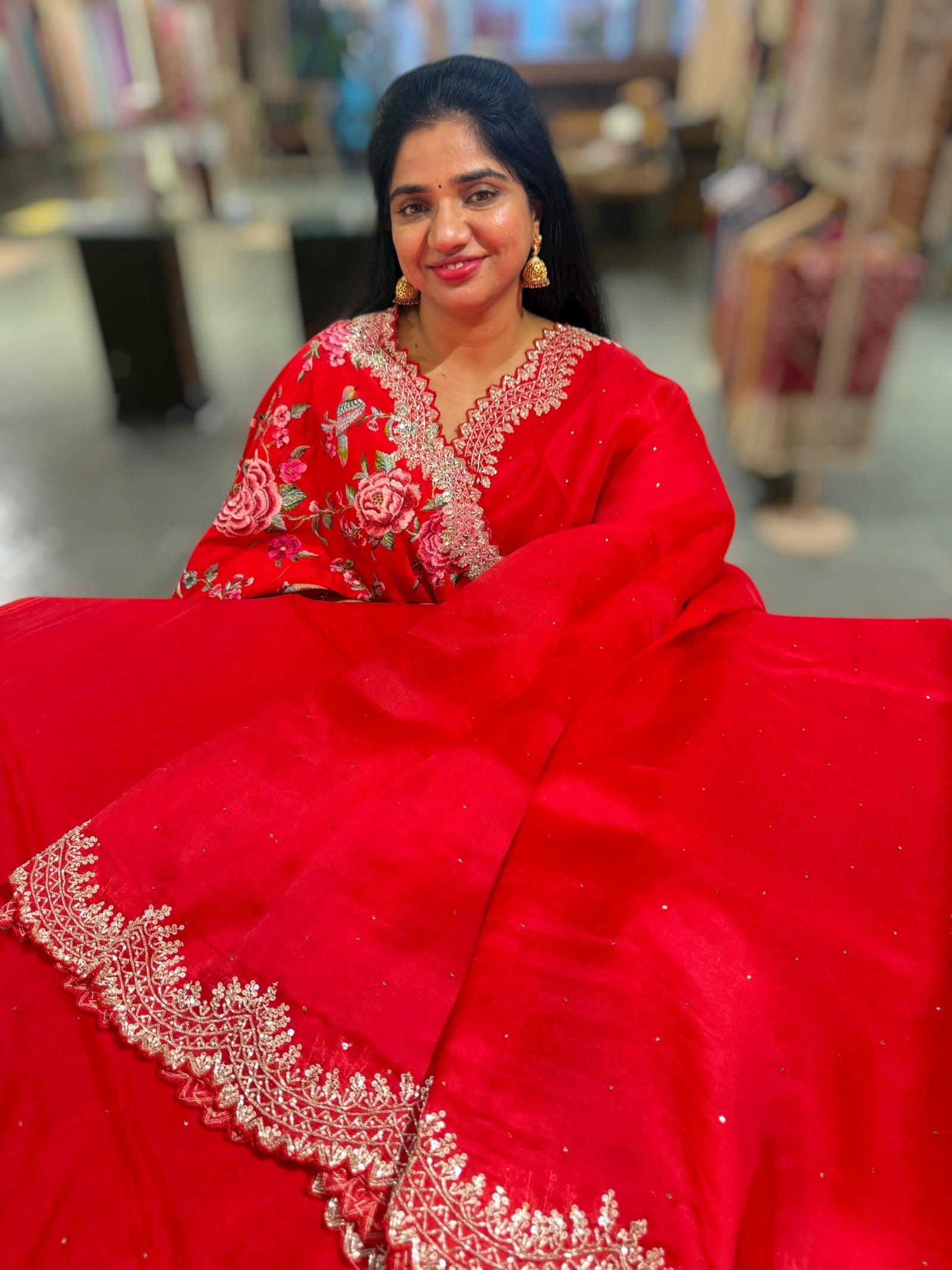 Red Pure Organza Handwork Saree with heavy Designer Blouse