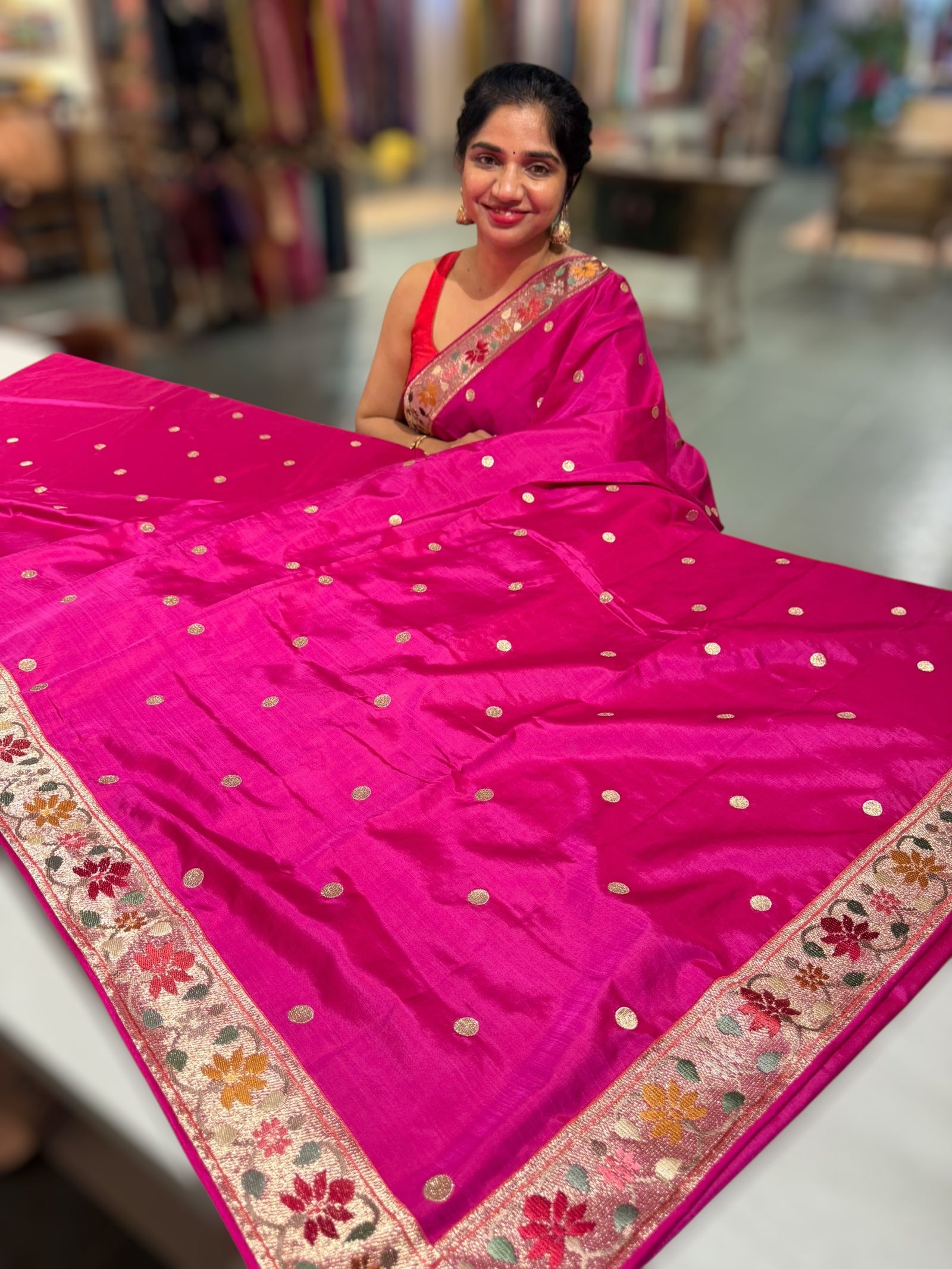 Rani Pink Kanchi soft silk saree with pythani and jamdani inspired embroidery