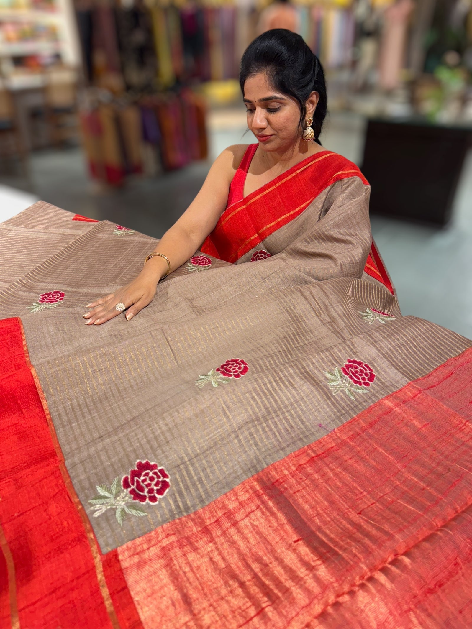 Chickoo Tussar Tissue and Silk fusion Saree with embroidery