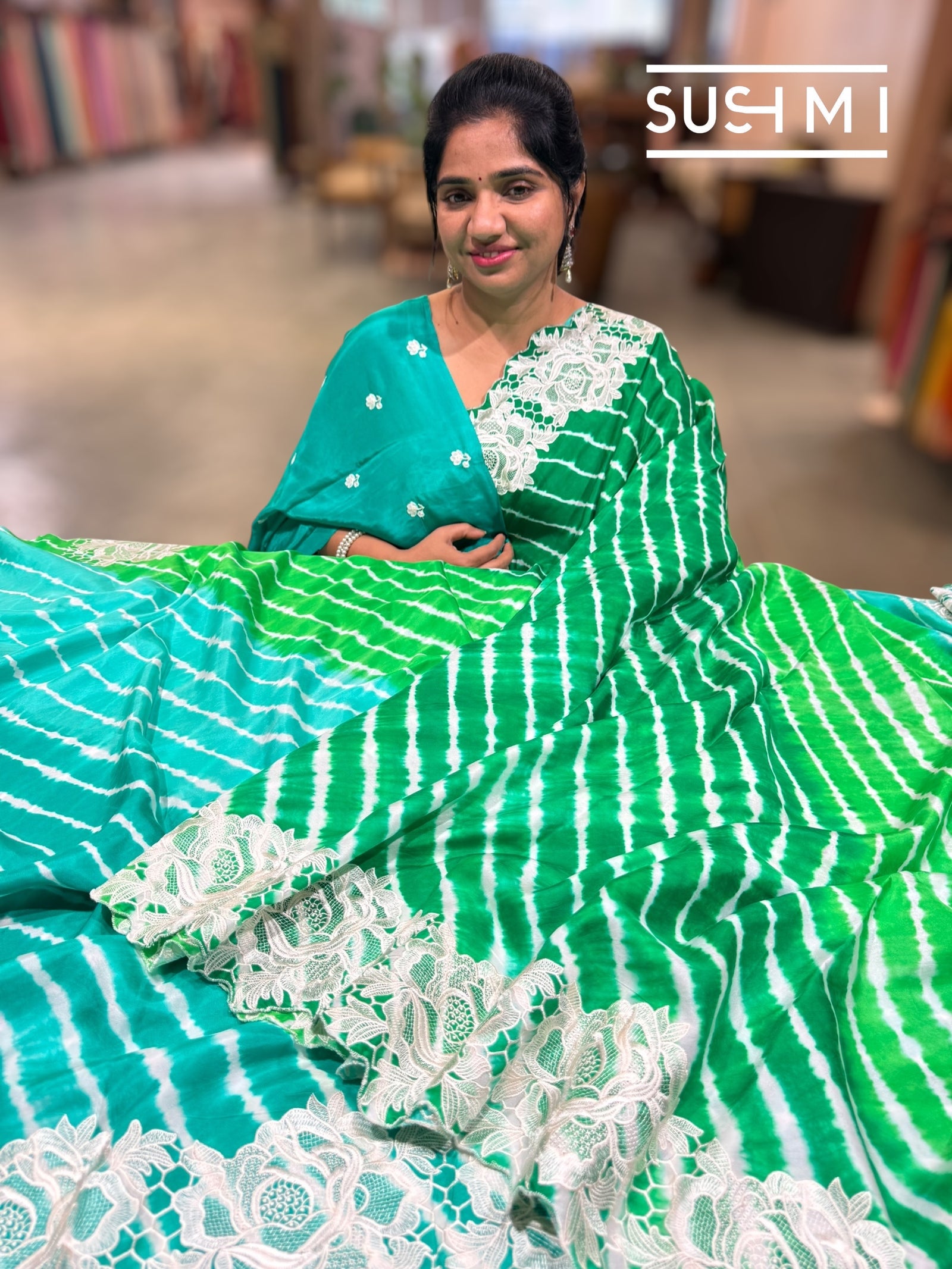 Green ombre dyed habutai Satin Silk lehariya Saree S62F066