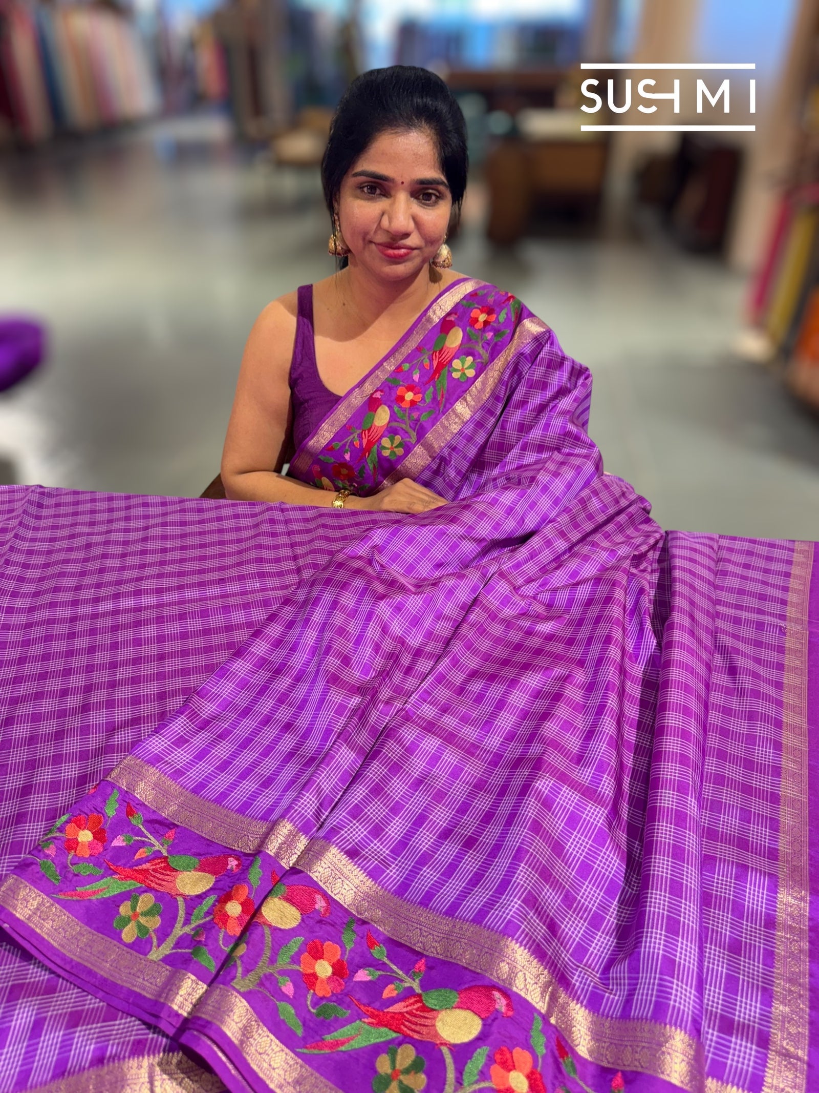 Majenta Vintage checks Kanjeevaram soft silk saree with embroidery D62F041