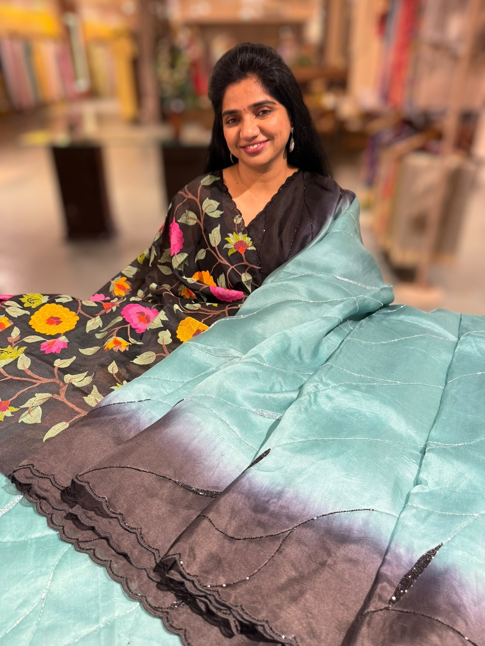 Teal & Black Ombre Dyed Pure Organza handwork saree