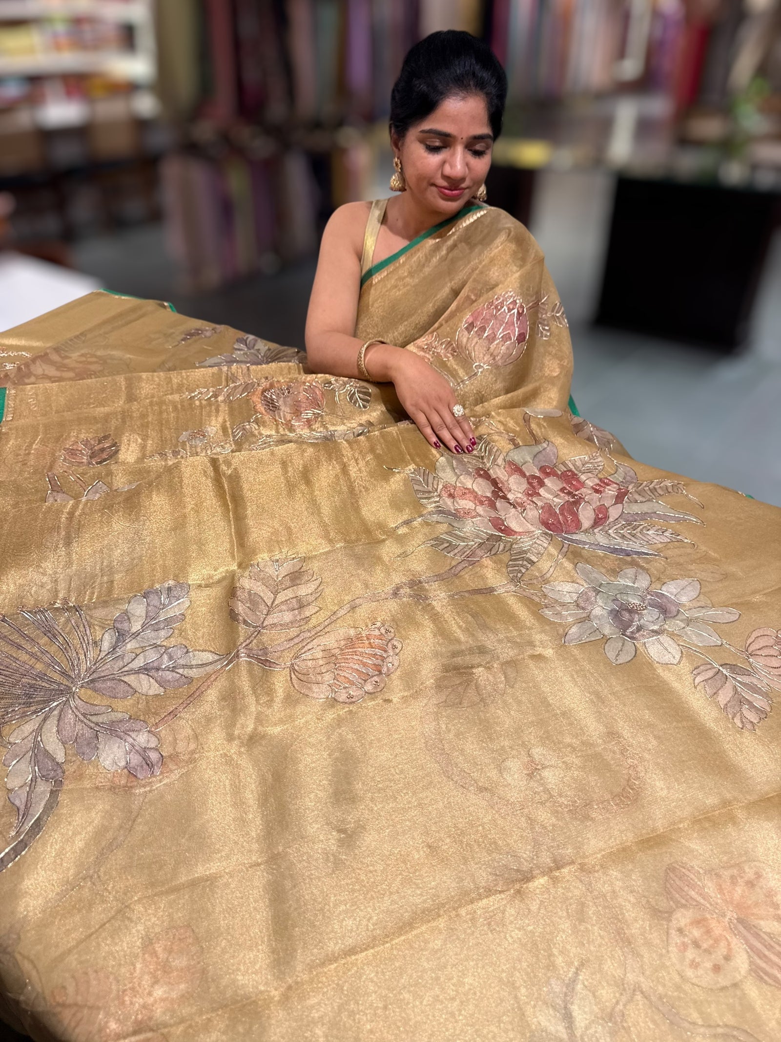 Gold Printed Banarasi Tissue with Handwork
