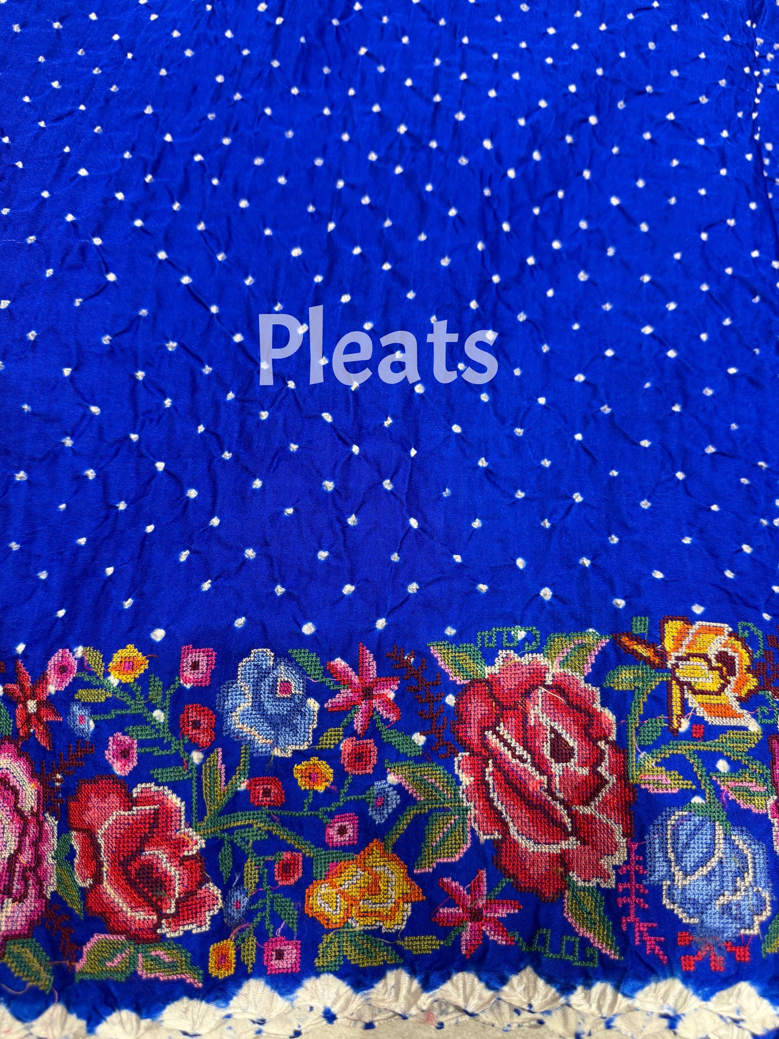 Electric Blue Pure Gajji Silk Rai bandhej Saree with petite point embroidery : SM081