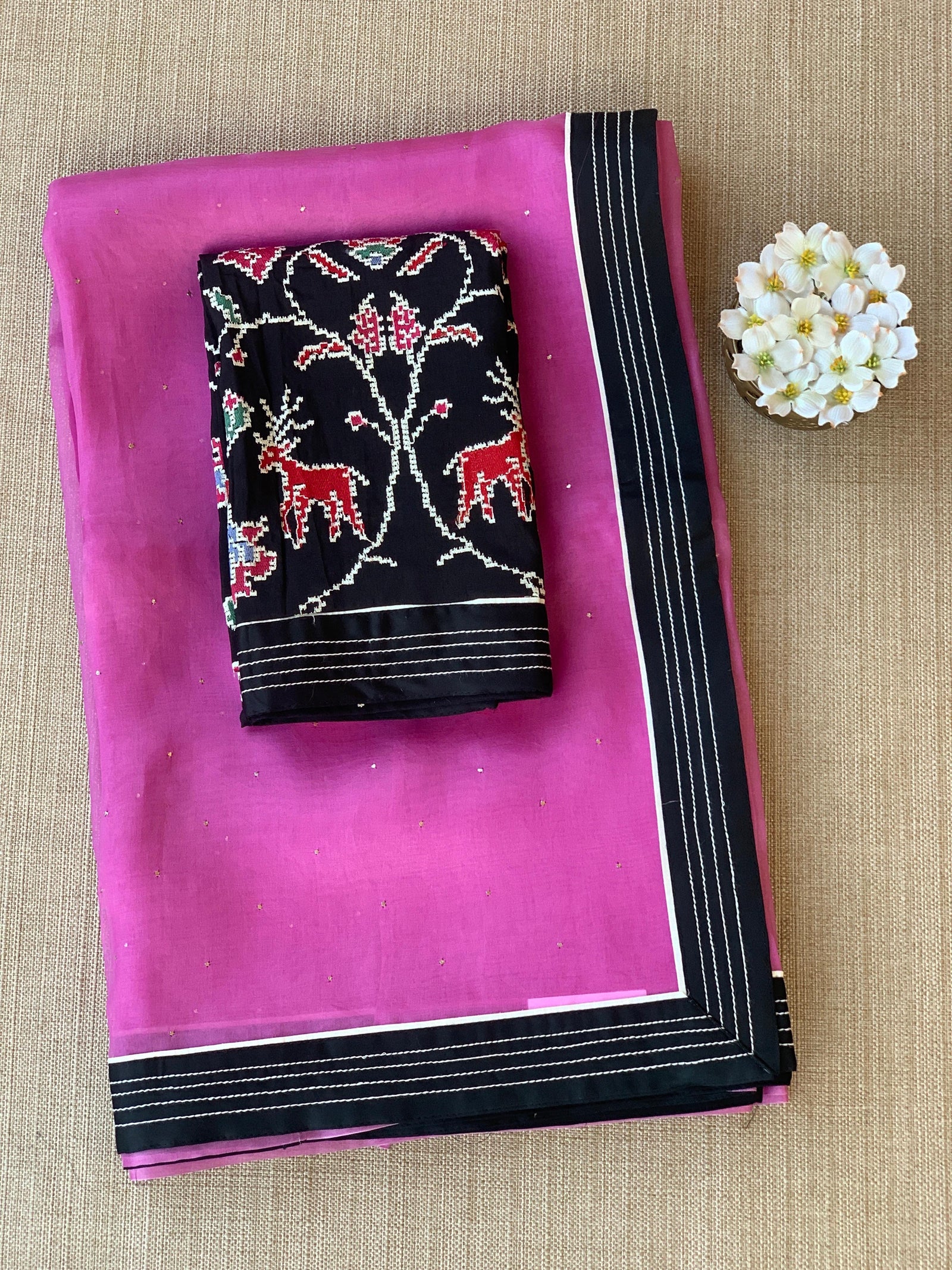 Rose Pink Organza Saree with embroidered blouse