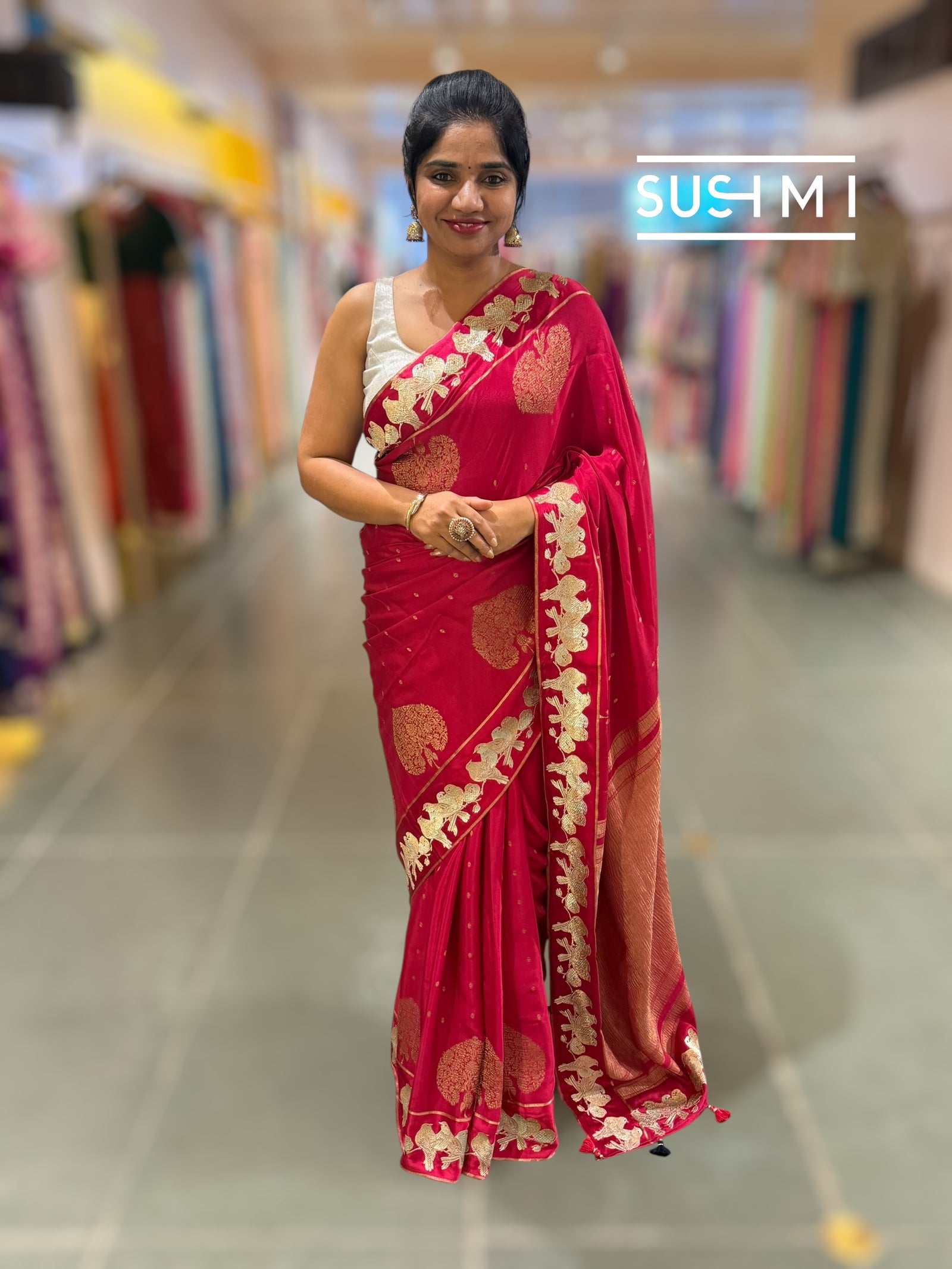 Dark Ruby Pink Mysore silk saree with woven motif and embroidered border : D62128