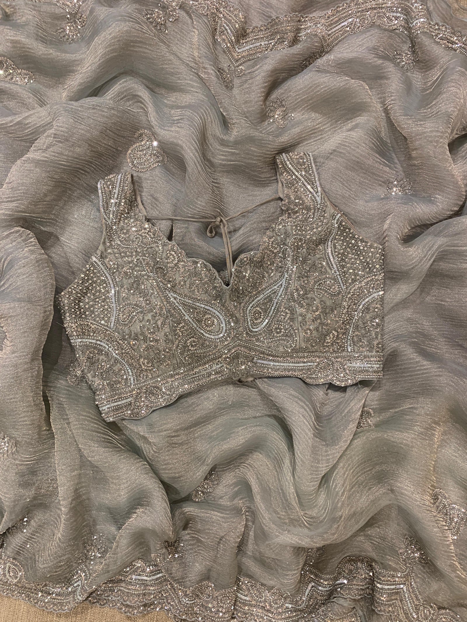 Pastel Bluish silver Crush Tissue handwork Saree