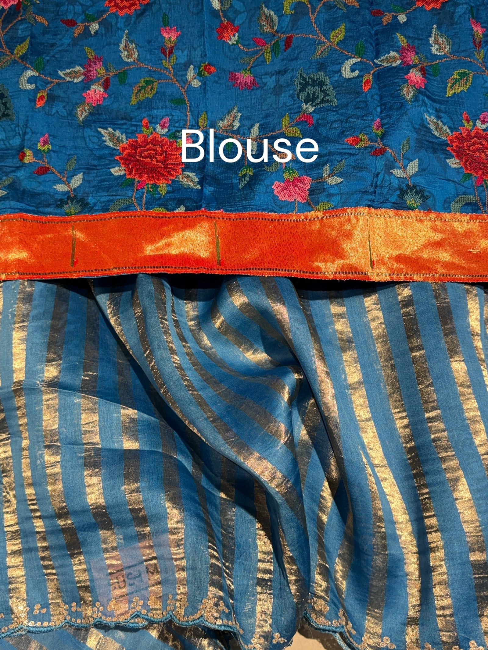 Cobalt Blue Mul tissue stripes saree with fusion blouse : D62137