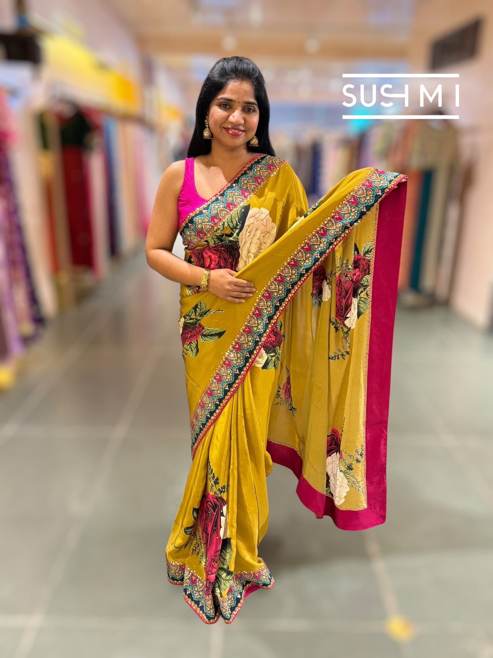 Mustard Gold Designer Crepe Silk Saree : D62F030