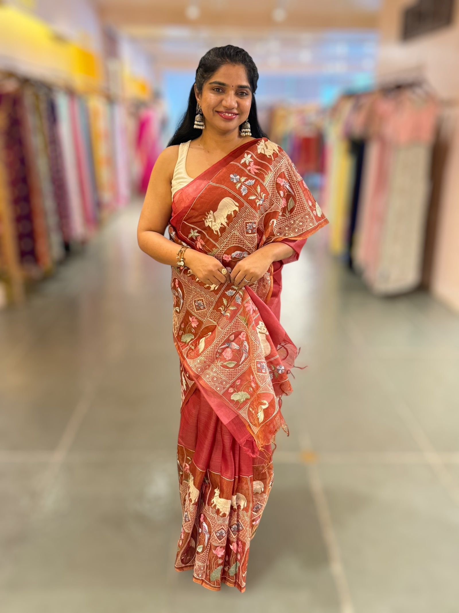 Rust Red/ Brick Red Kora-Tussar blend Handloom Saree with Tissue embroidered Skirt Border