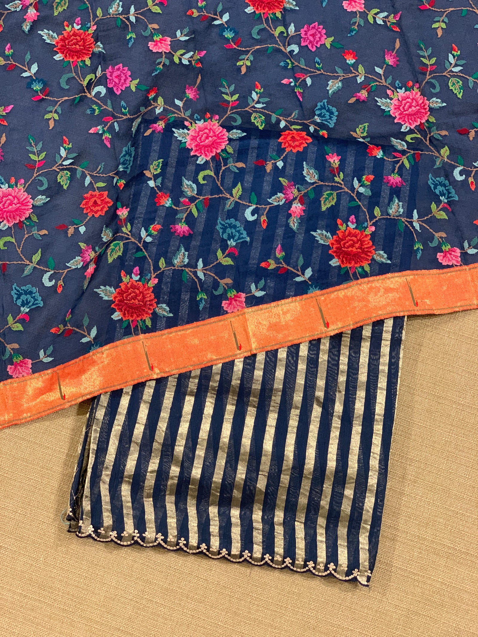 Midnight blue Mul tissue stripes saree with fusion blouse : D62134