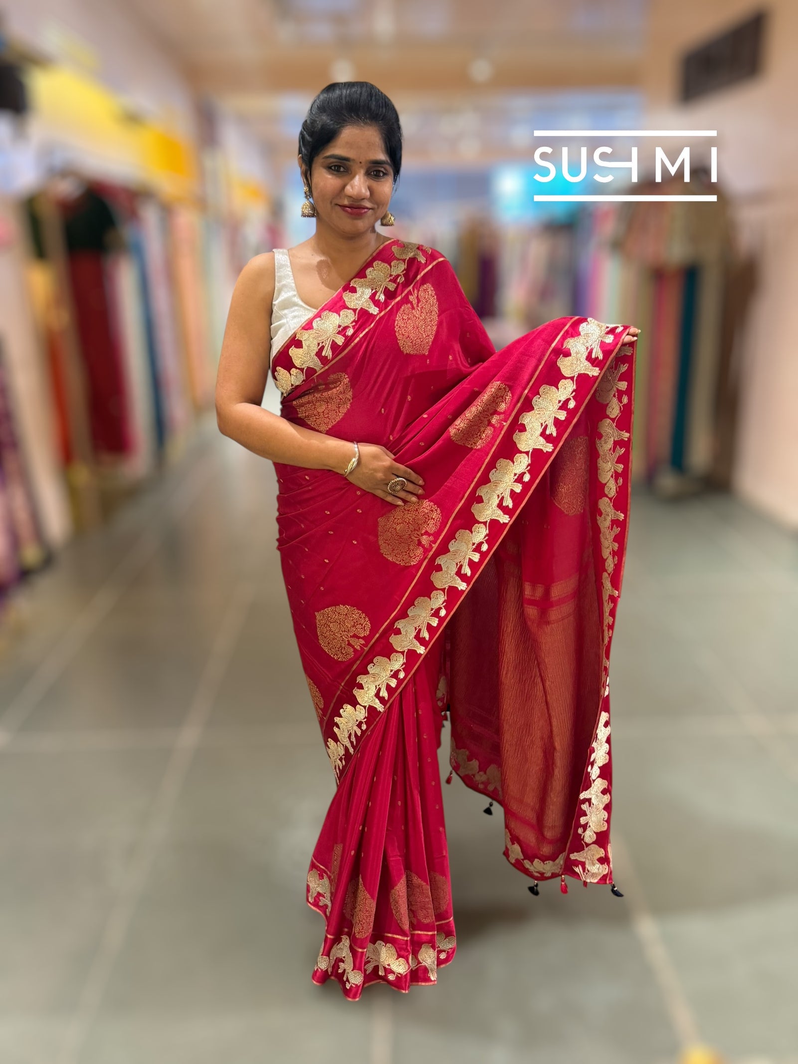 Dark Ruby Pink Mysore silk saree with woven motif and embroidered border : D62128